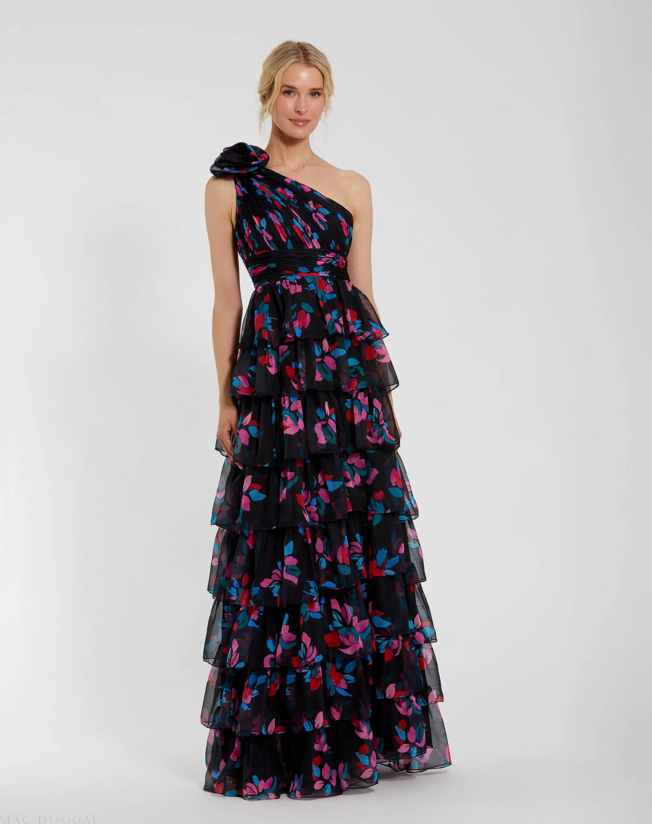 Black Floral Chiffon One Shoulder Tiered Ruffle Gown-Myartka