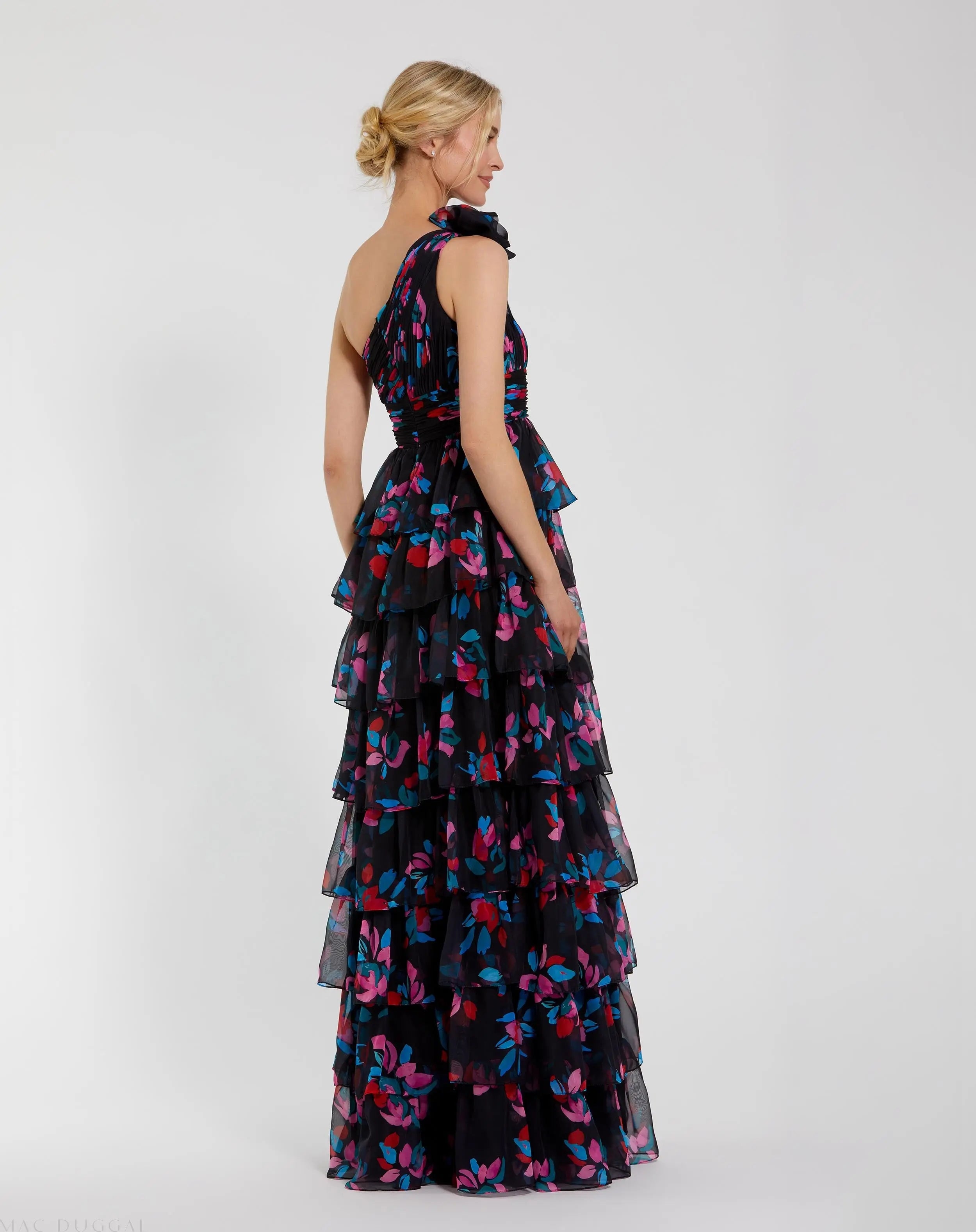 Black Floral Chiffon One Shoulder Tiered Ruffle Gown-Myartka
