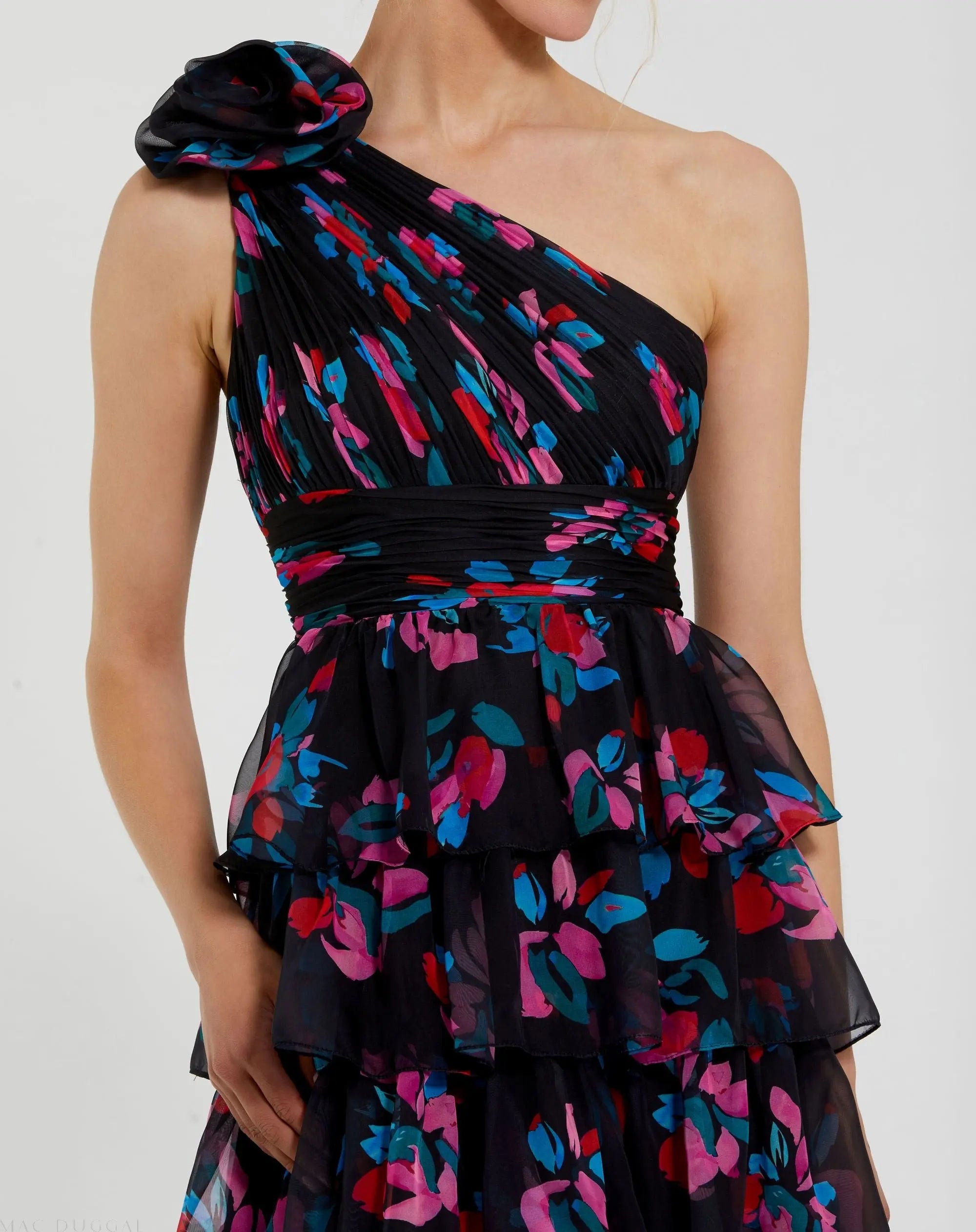 Black Floral Chiffon One Shoulder Tiered Ruffle Gown-Myartka
