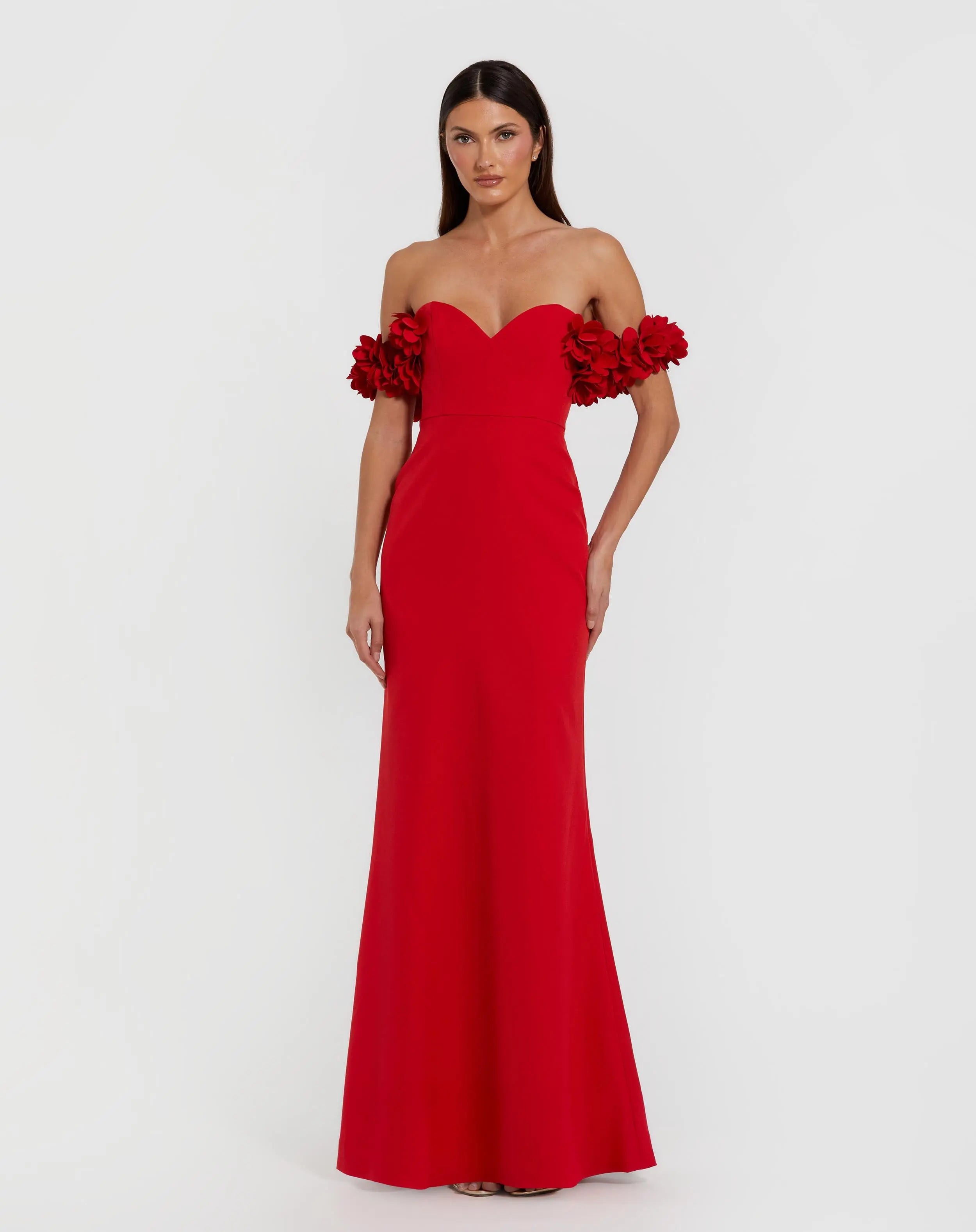 Red Crepe Off The Shoulder Gown With 3D Flowers-Myartka
