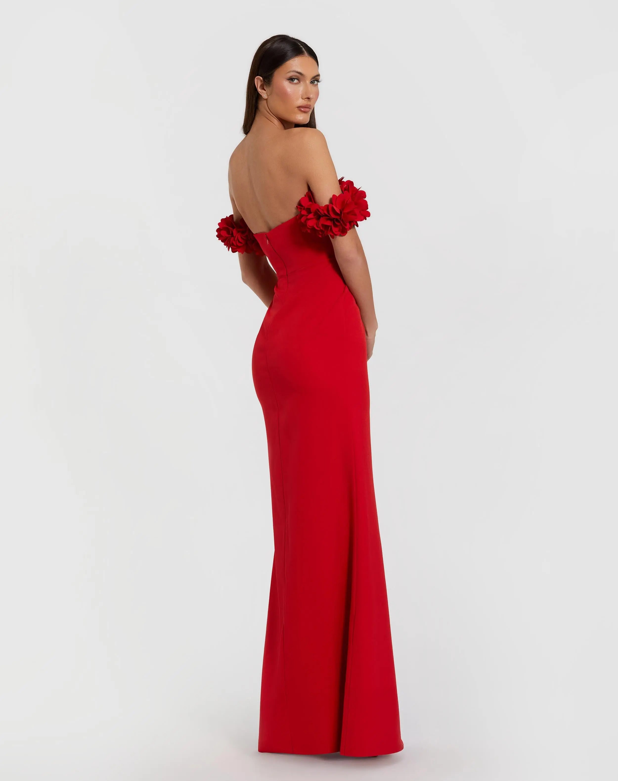 Red Crepe Off The Shoulder Gown With 3D Flowers-Myartka