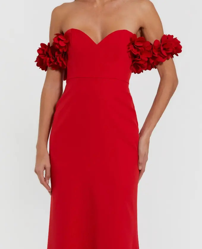 Red Crepe Off The Shoulder Gown With 3D Flowers-Myartka