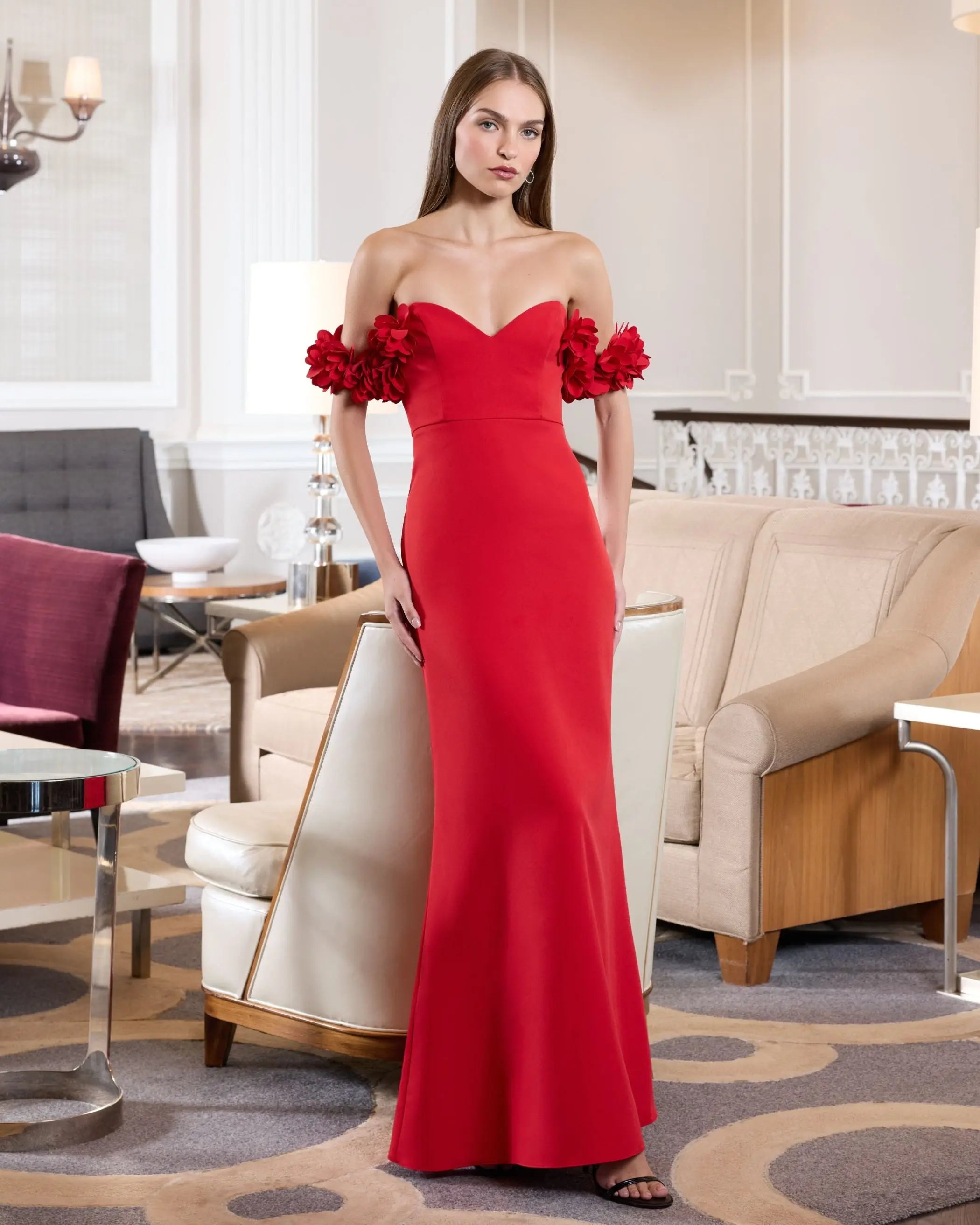 Red Crepe Off The Shoulder Gown With 3D Flowers-Myartka
