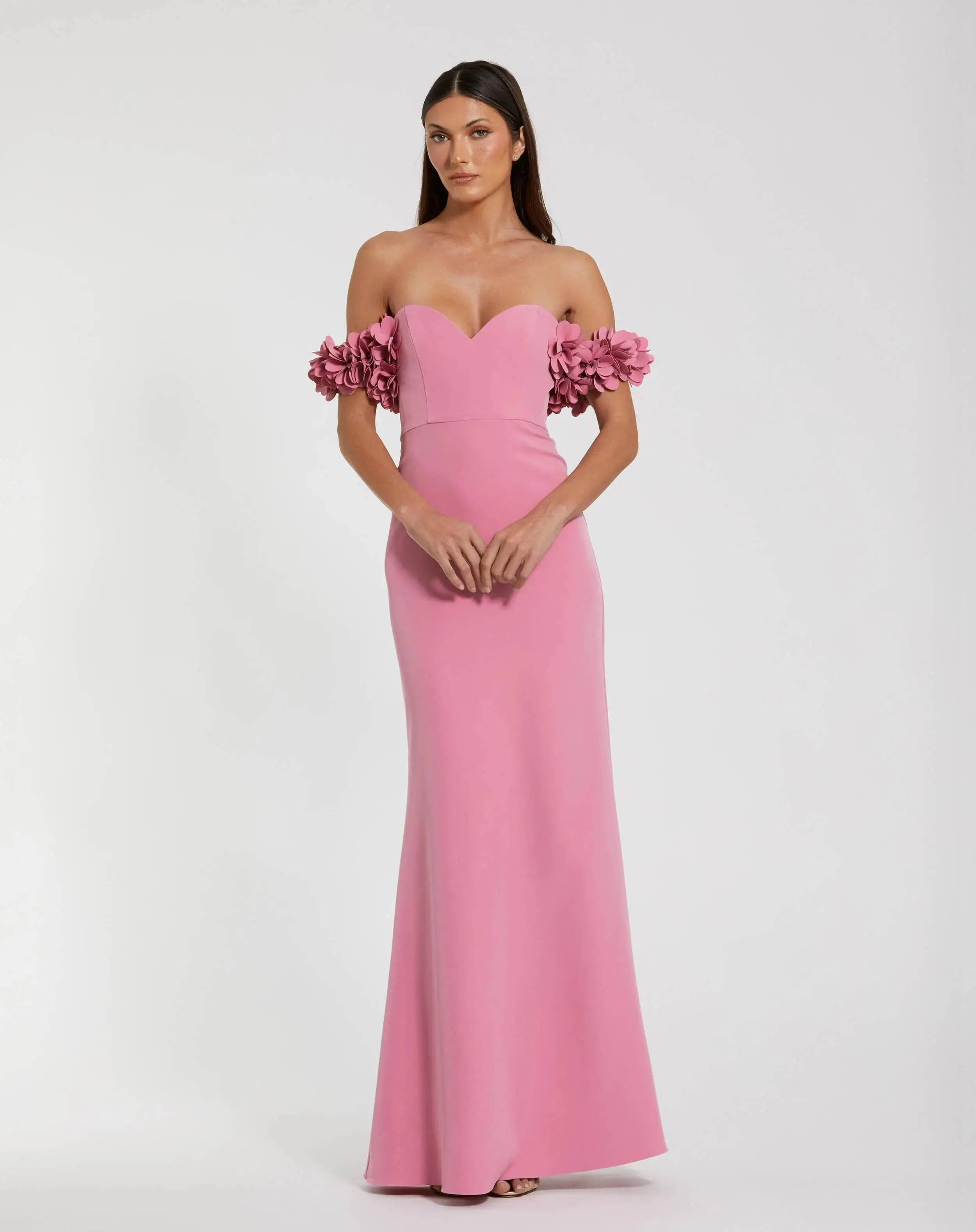 Pink Crepe Off The Shoulder Gown With 3D Flowers-Myartka