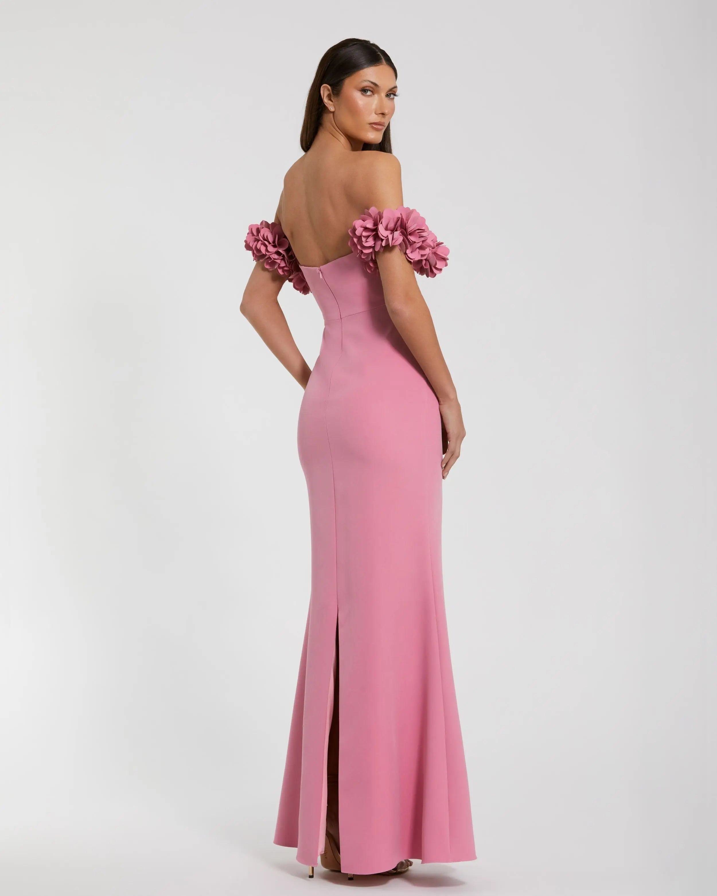 Pink Crepe Off The Shoulder Gown With 3D Flowers-Myartka