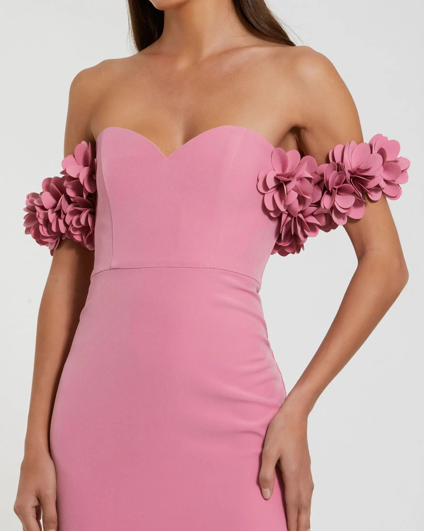 Pink Crepe Off The Shoulder Gown With 3D Flowers-Myartka