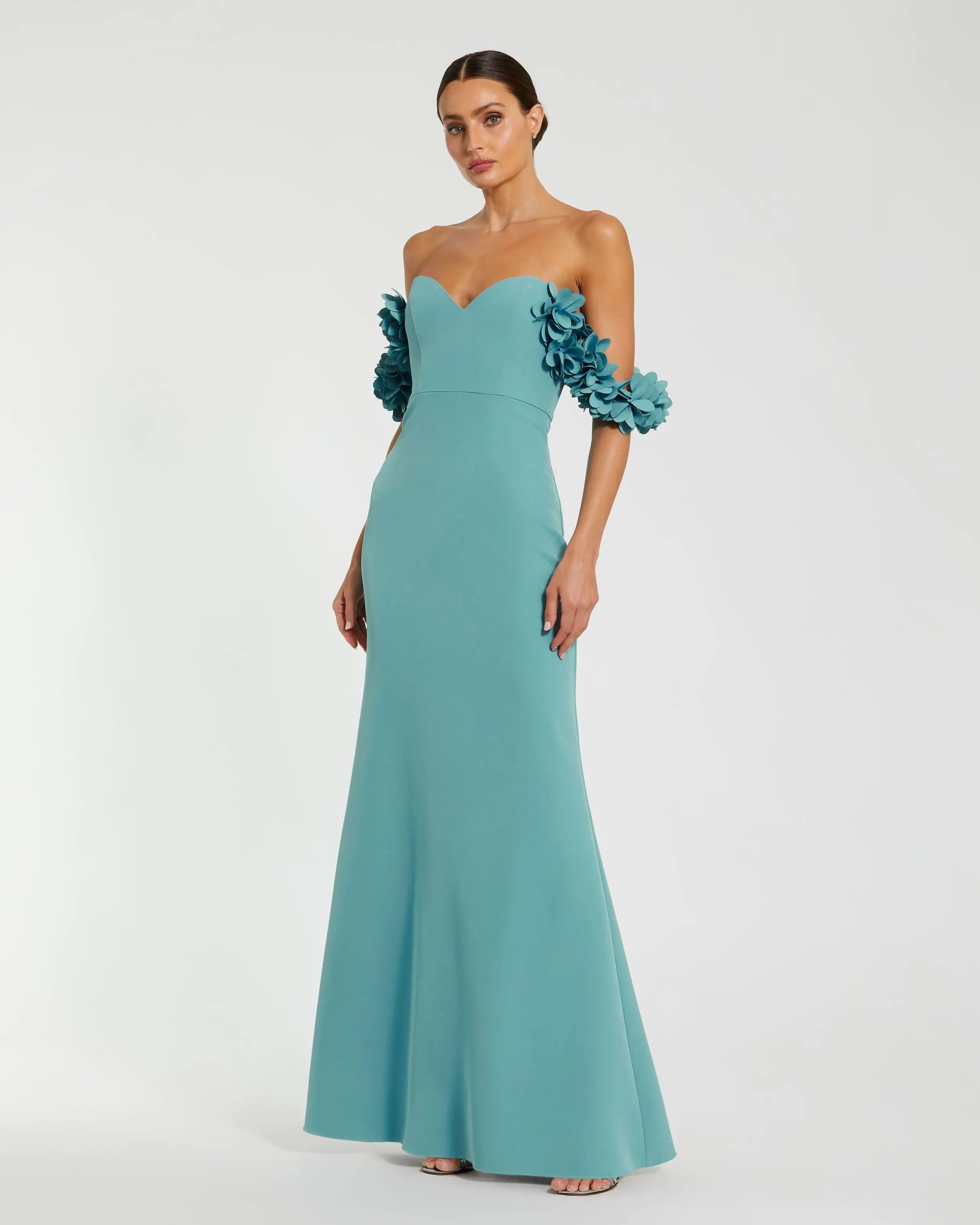 Blue Crepe Off The Shoulder Gown With 3D Flowers-Myartka
