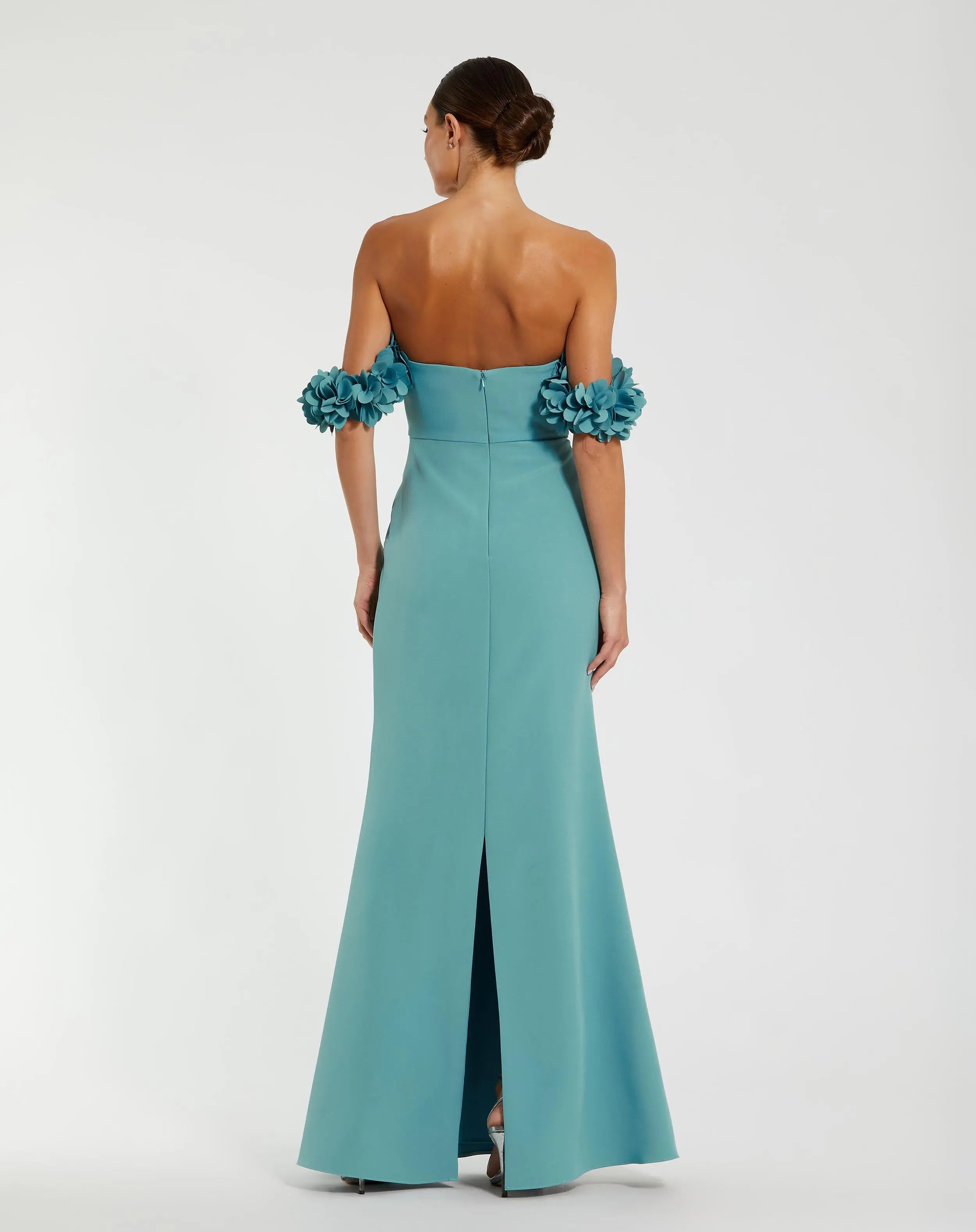 Blue Crepe Off The Shoulder Gown With 3D Flowers-Myartka