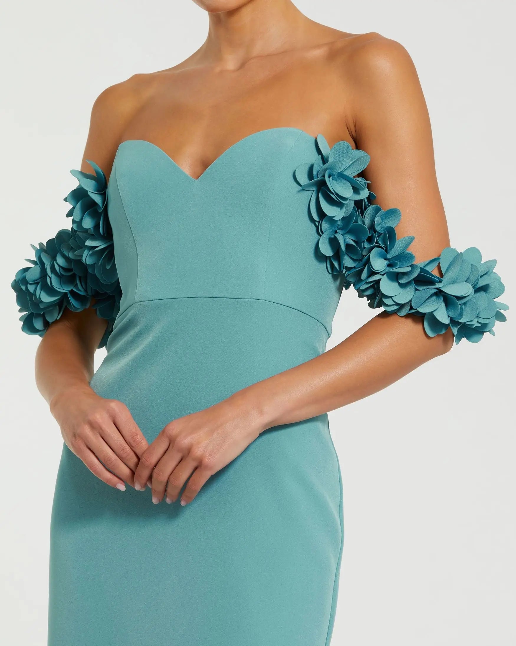 Blue Crepe Off The Shoulder Gown With 3D Flowers-Myartka