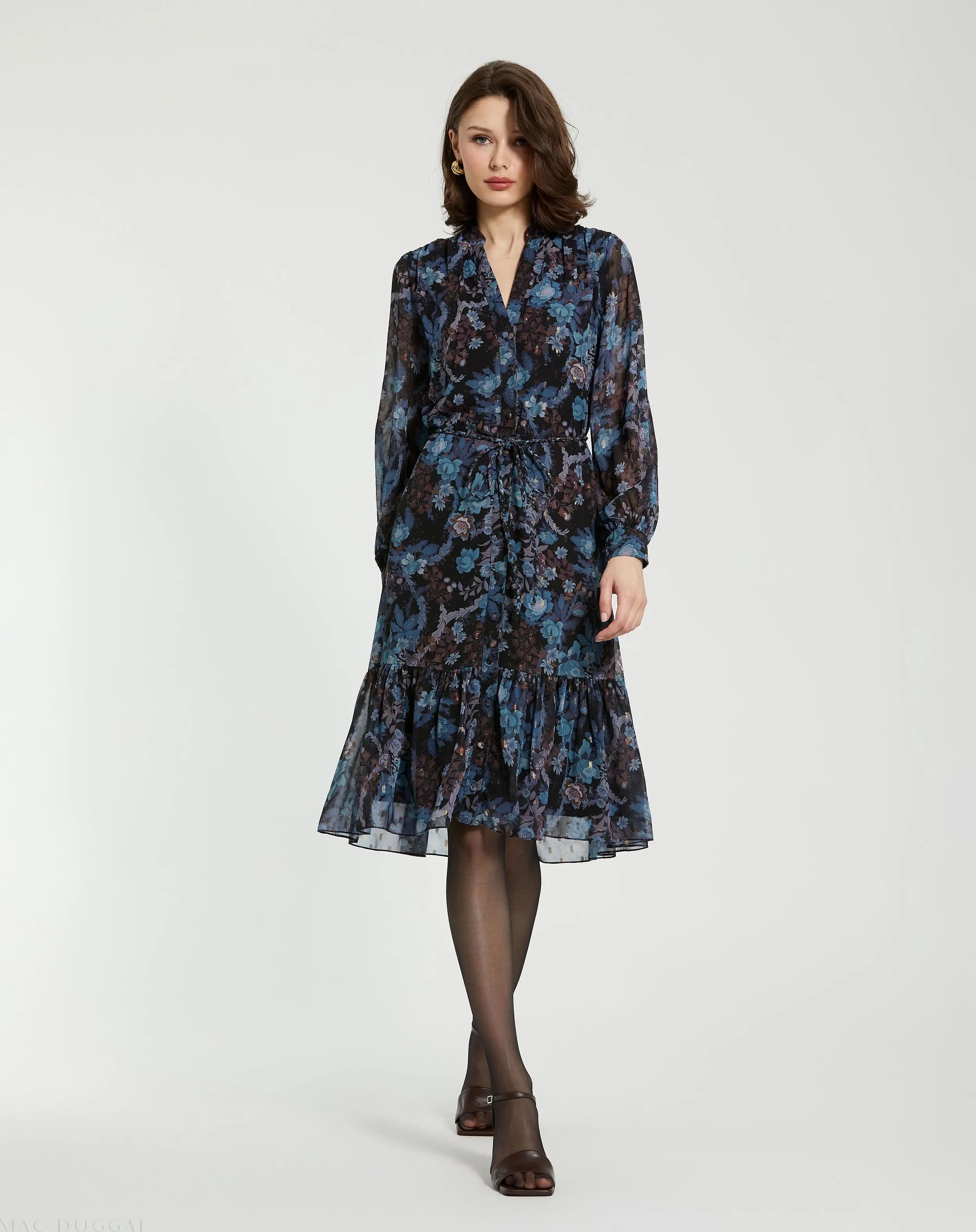 Blue Lurex Chiffon Bishop Sleeve Button Up Midi Dress-Myartka
