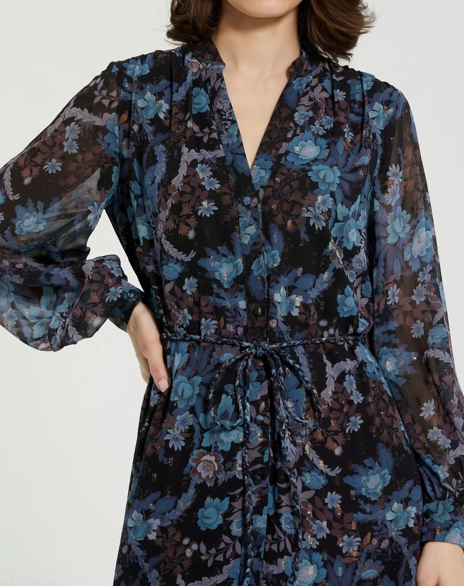 Blue Lurex Chiffon Bishop Sleeve Button Up Midi Dress-Myartka