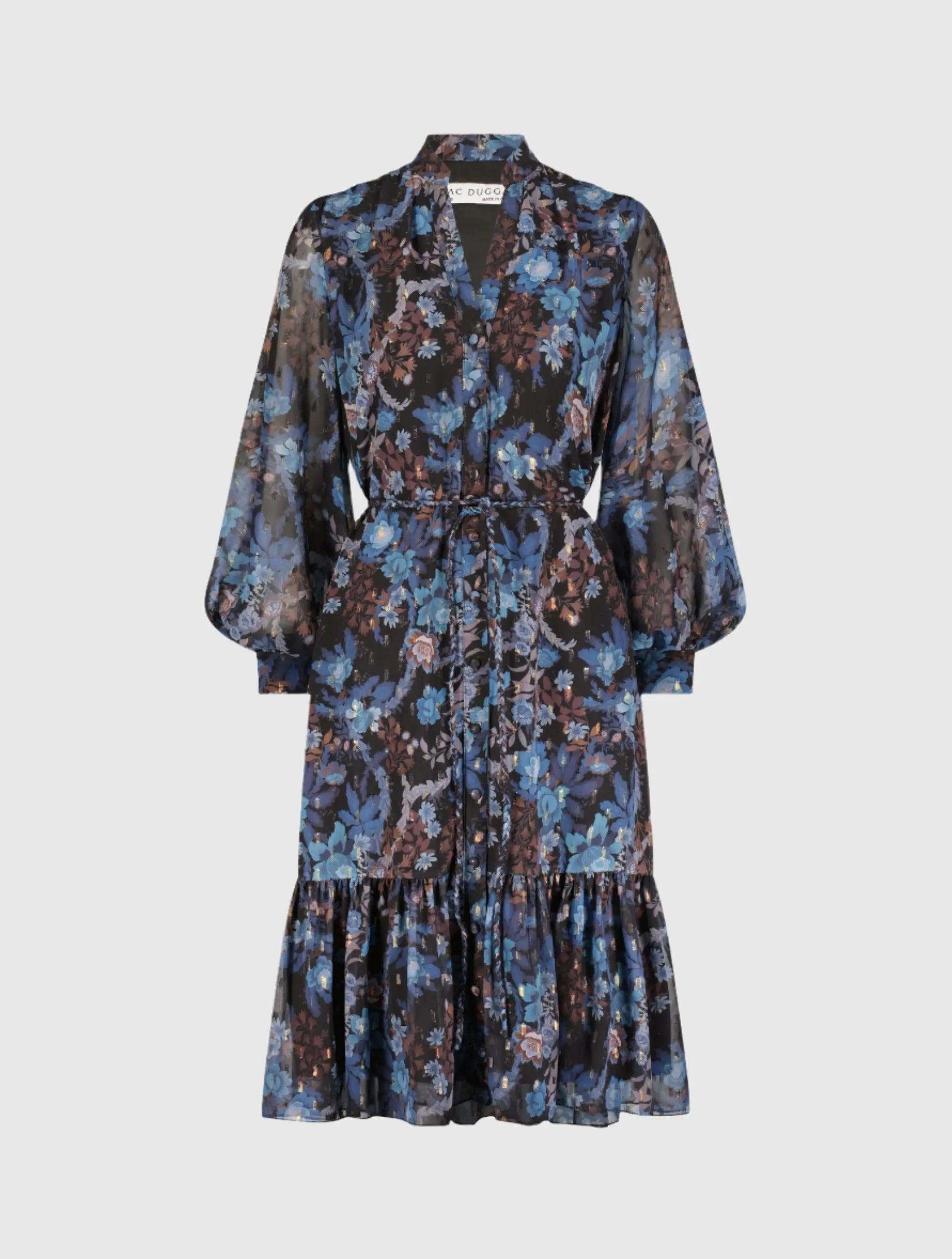 Blue Lurex Chiffon Bishop Sleeve Button Up Midi Dress-Myartka