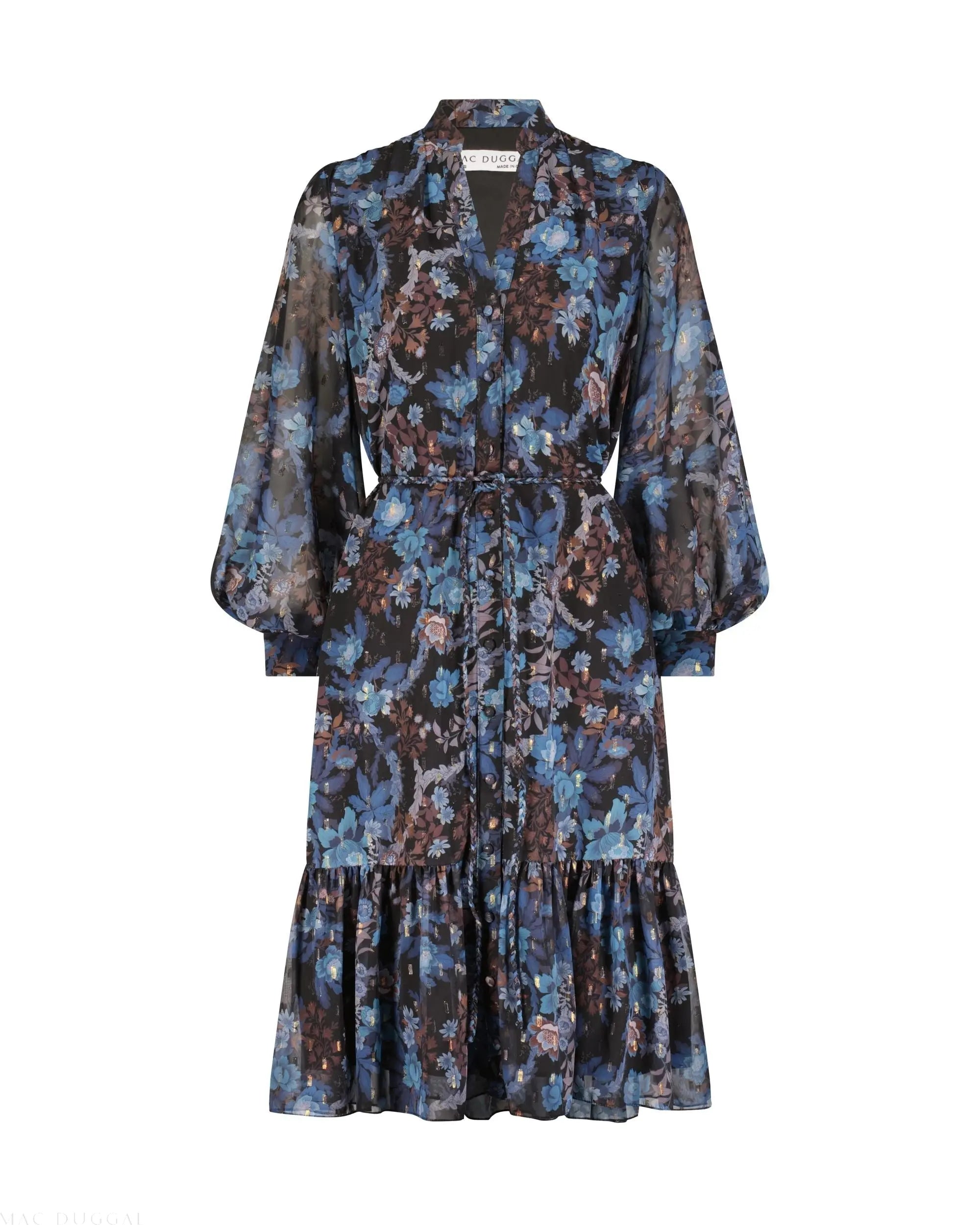 Blue Lurex Chiffon Bishop Sleeve Button Up Midi Dress-Myartka