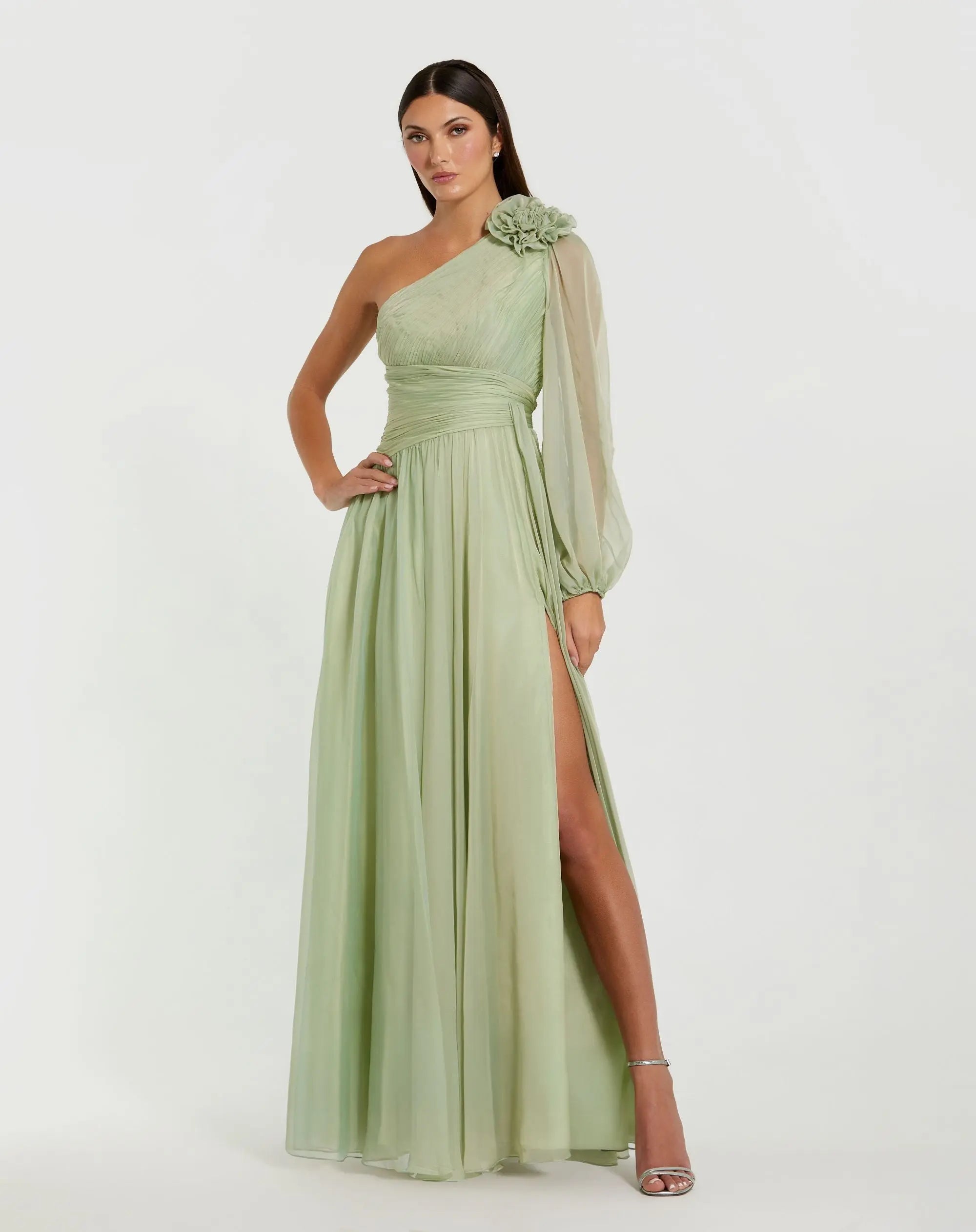 Green One Shoulder 3D Flower Gown With Slit-Myartka