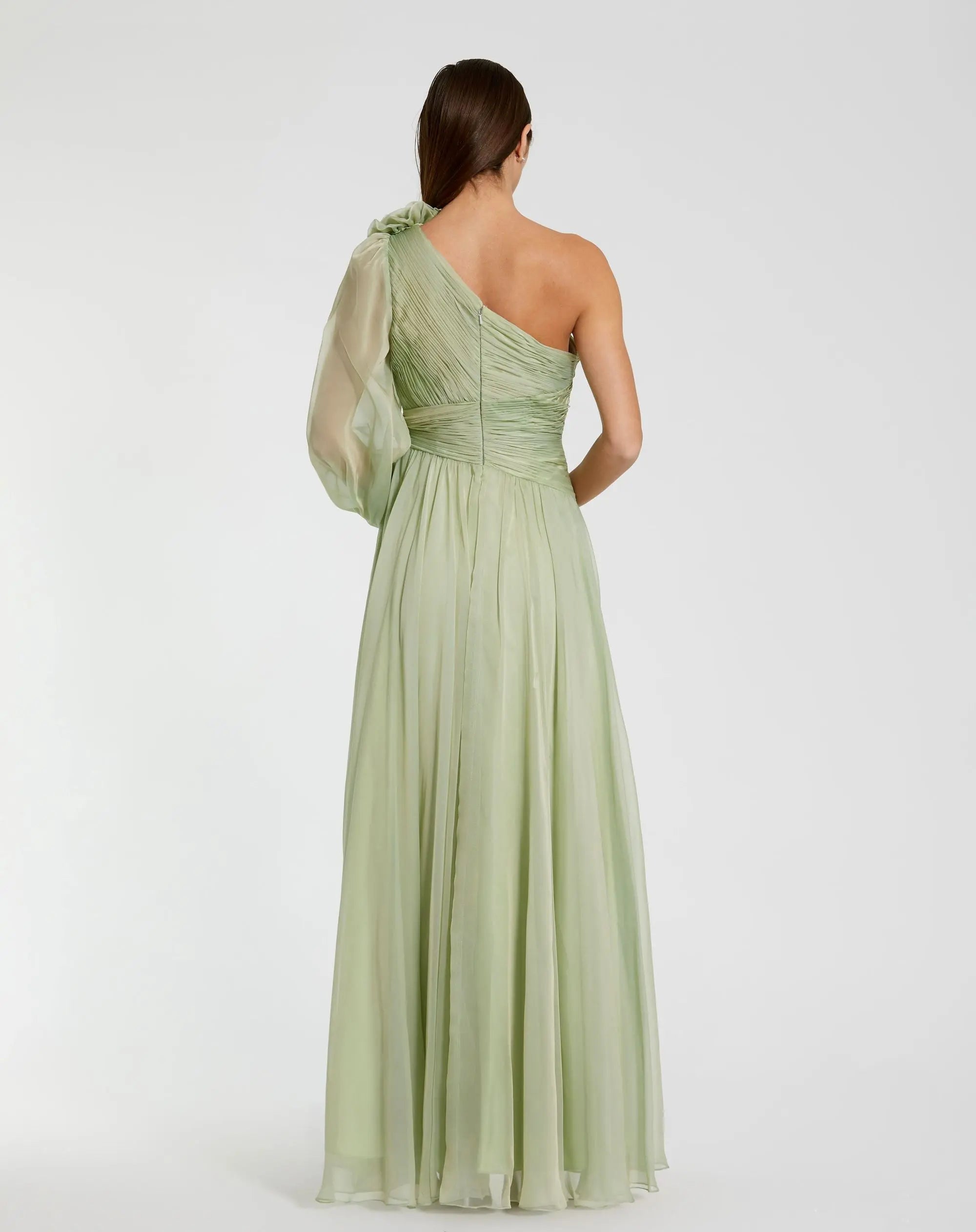 Green One Shoulder 3D Flower Gown With Slit-Myartka