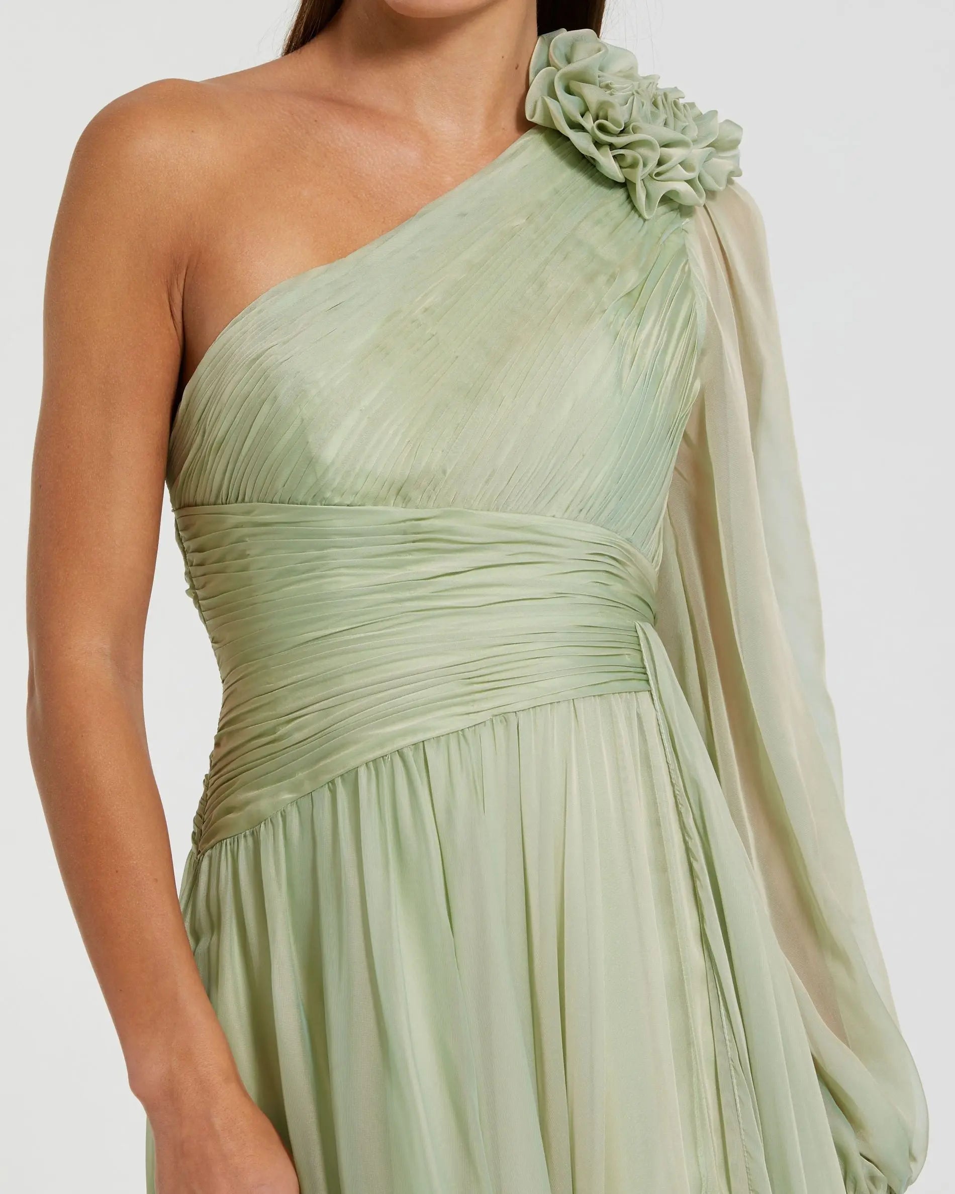 Green One Shoulder 3D Flower Gown With Slit-Myartka