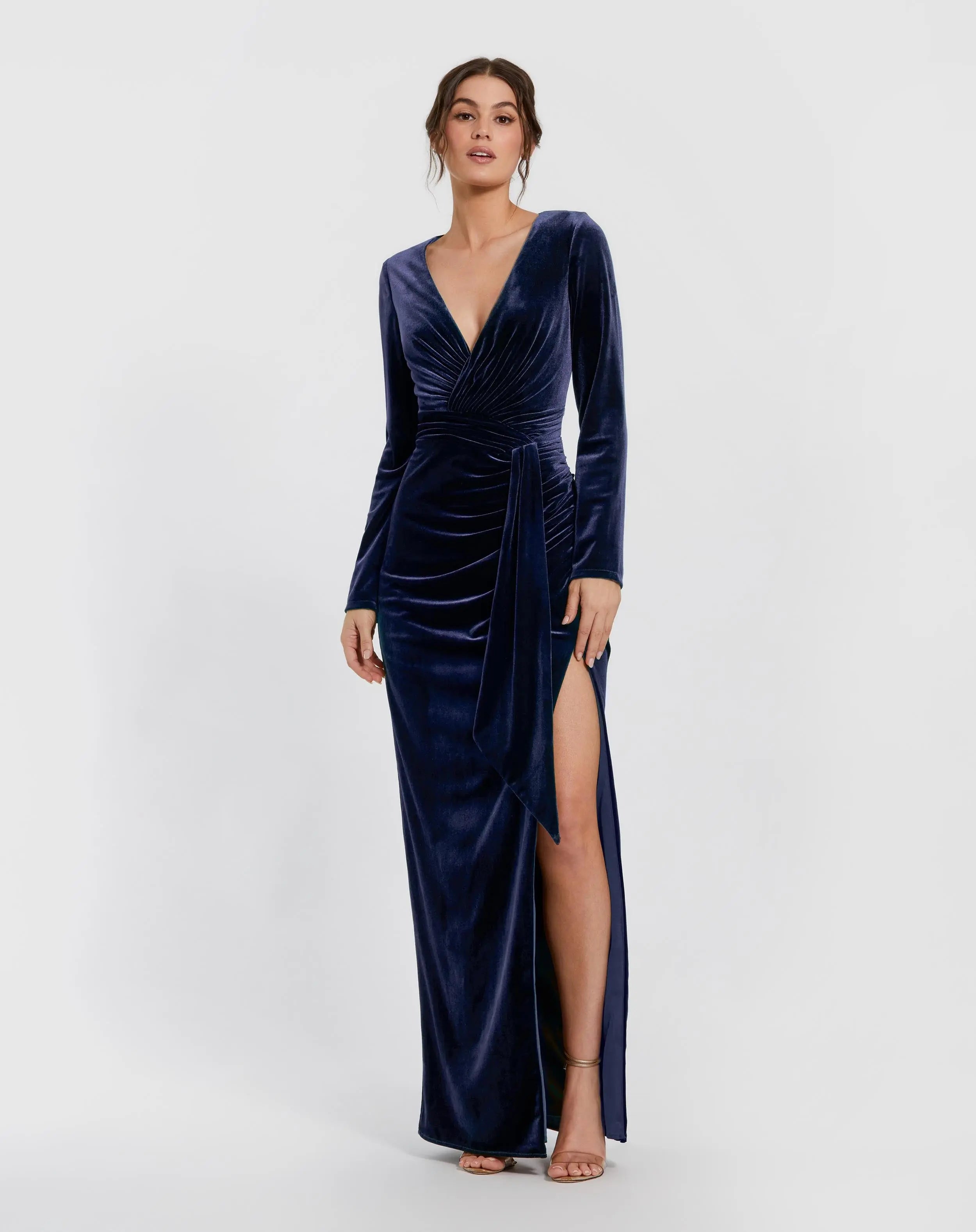 Dark Blue Ruched Velvet Column Evening Gown-Myartka