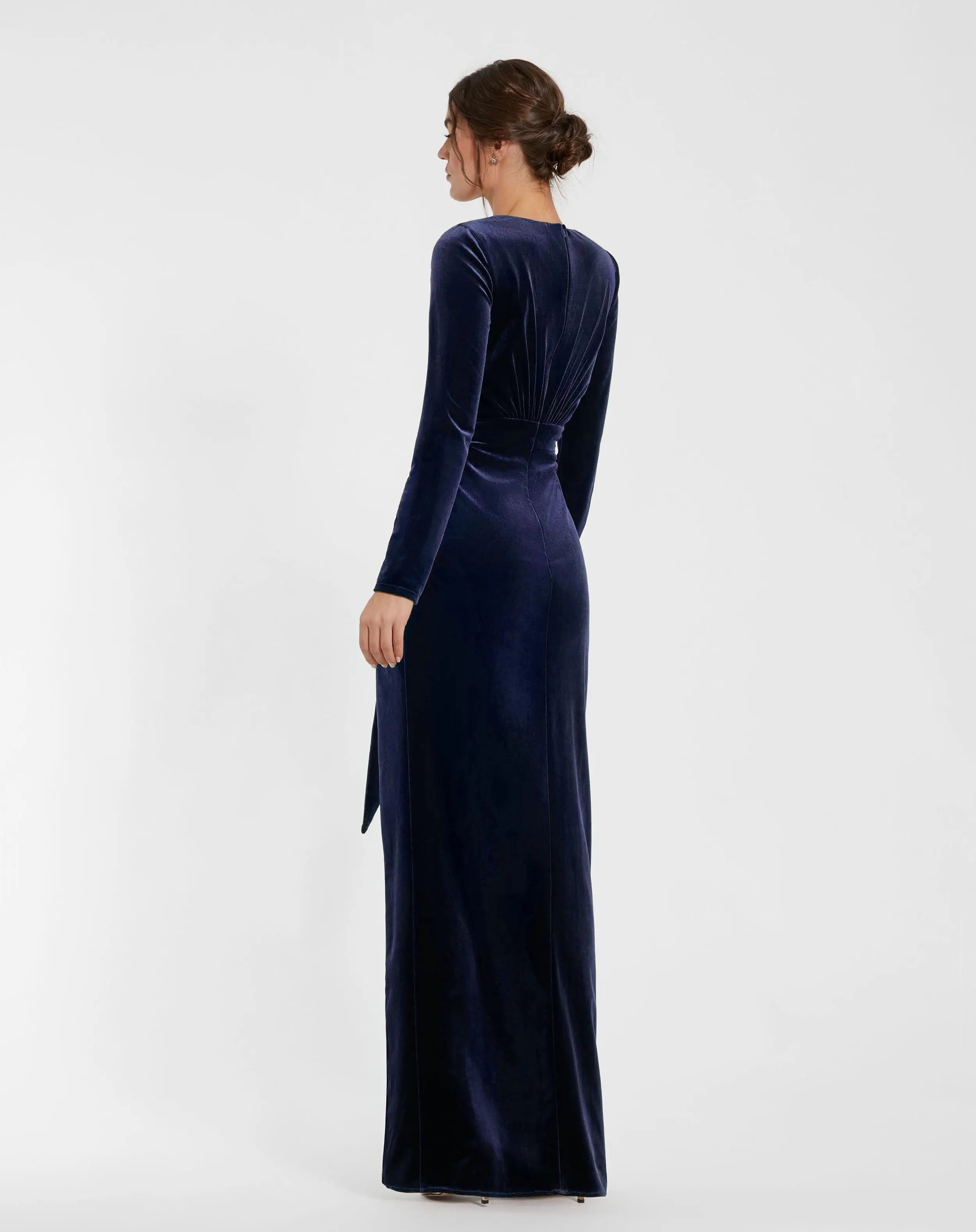 Dark Blue Ruched Velvet Column Evening Gown-Myartka