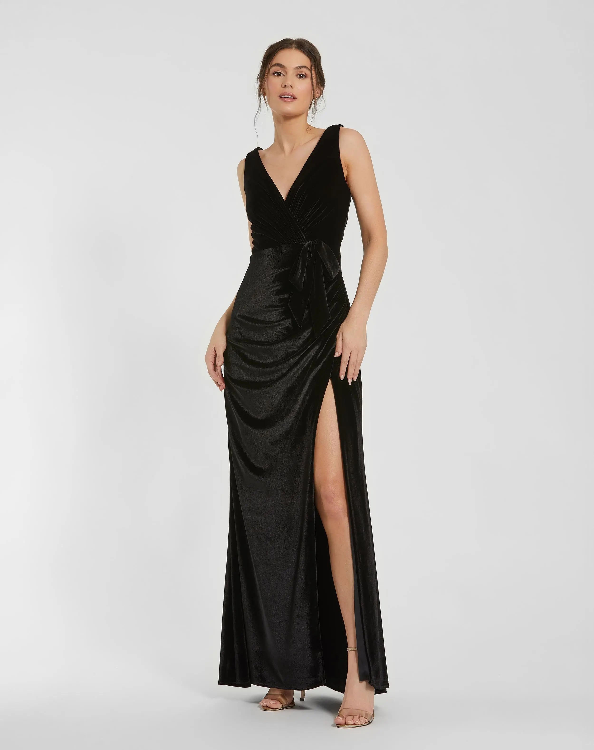 Black Deep V High Slit Draped Velvet Fitted Gown-Myartka