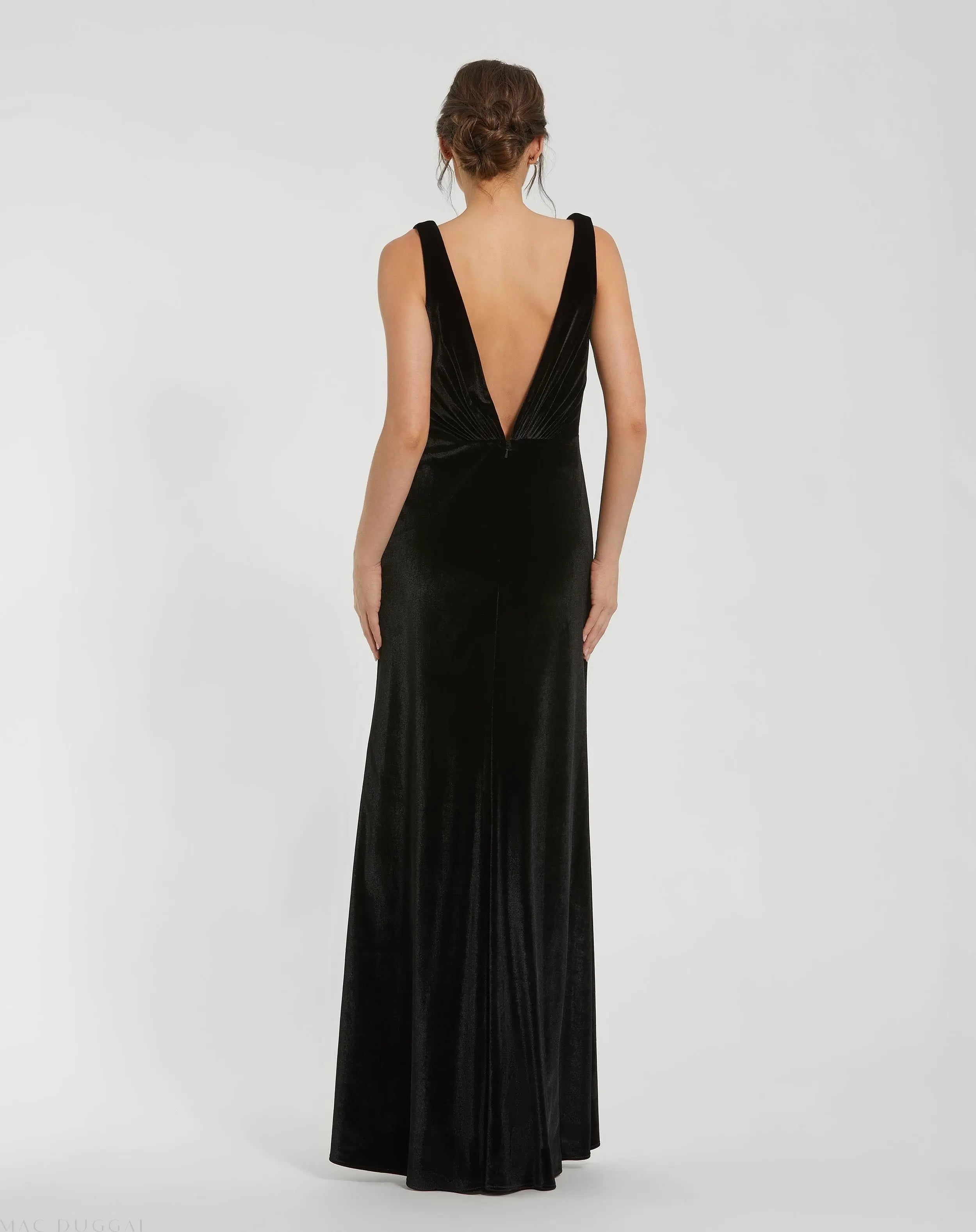 Black Deep V High Slit Draped Velvet Fitted Gown-Myartka