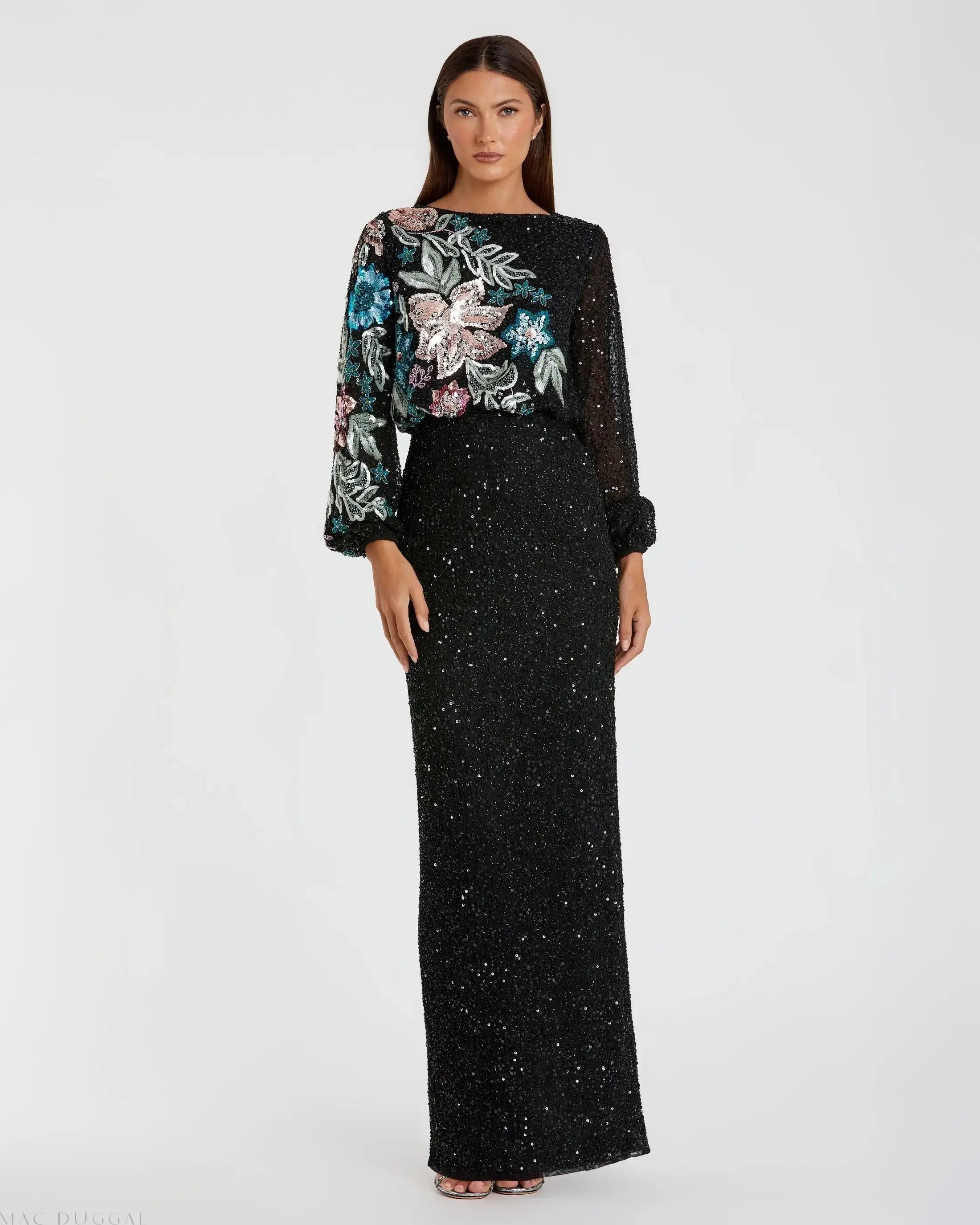 Black High Neck Long Sleeve Sequin Gown-Myartka