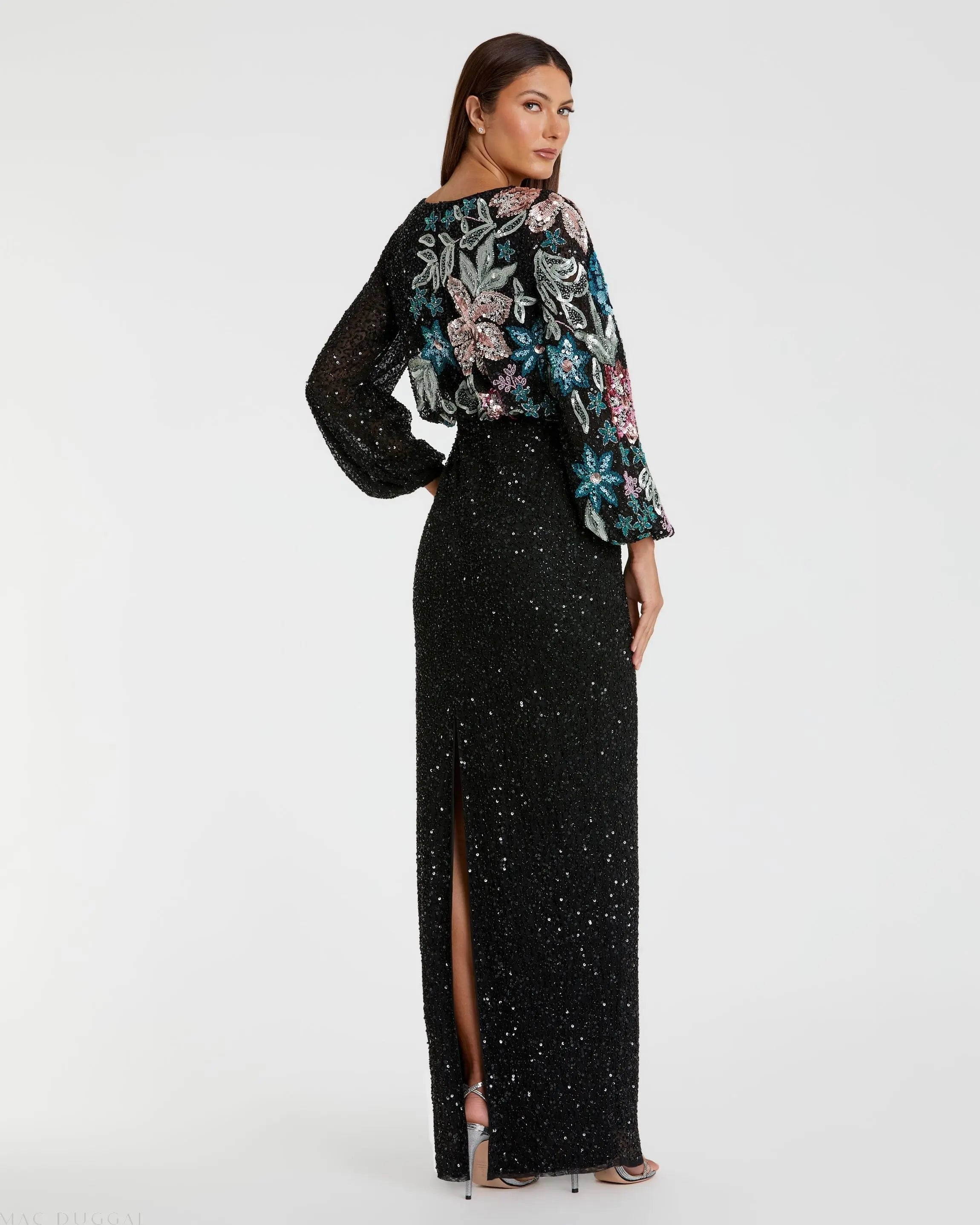 Black High Neck Long Sleeve Sequin Gown-Myartka