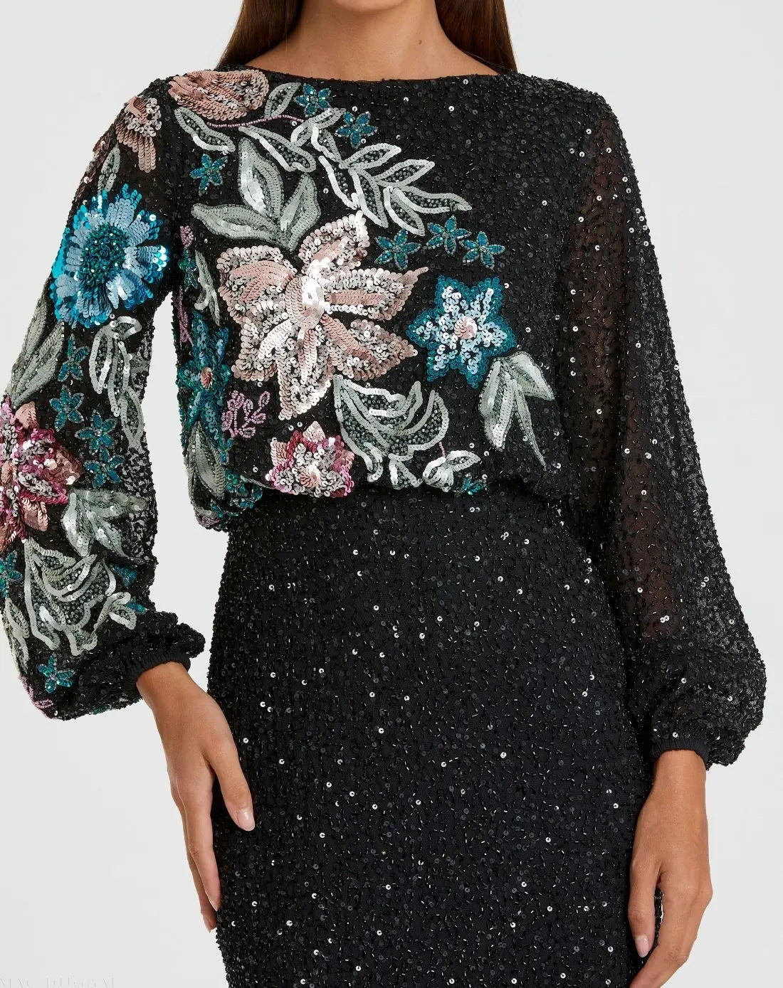 Black High Neck Long Sleeve Sequin Gown-Myartka