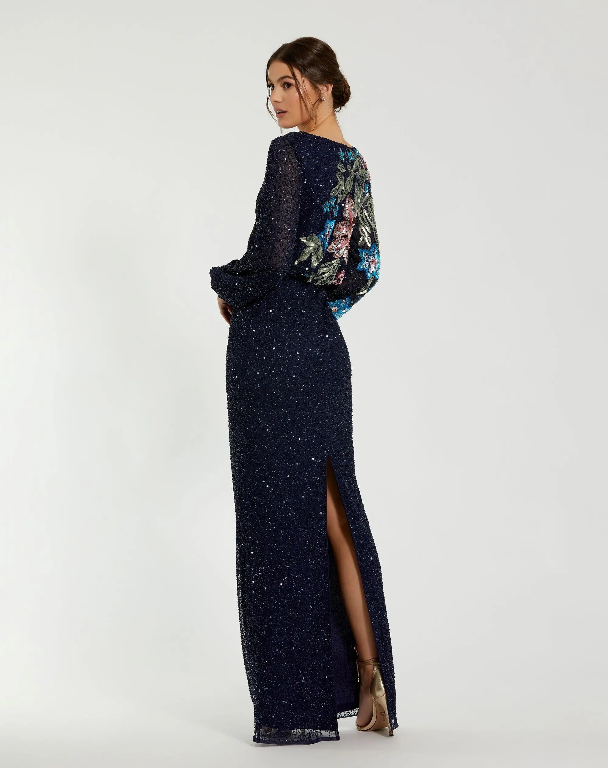 Navy High Neck Long Sleeve Sequin Gown-Myartka