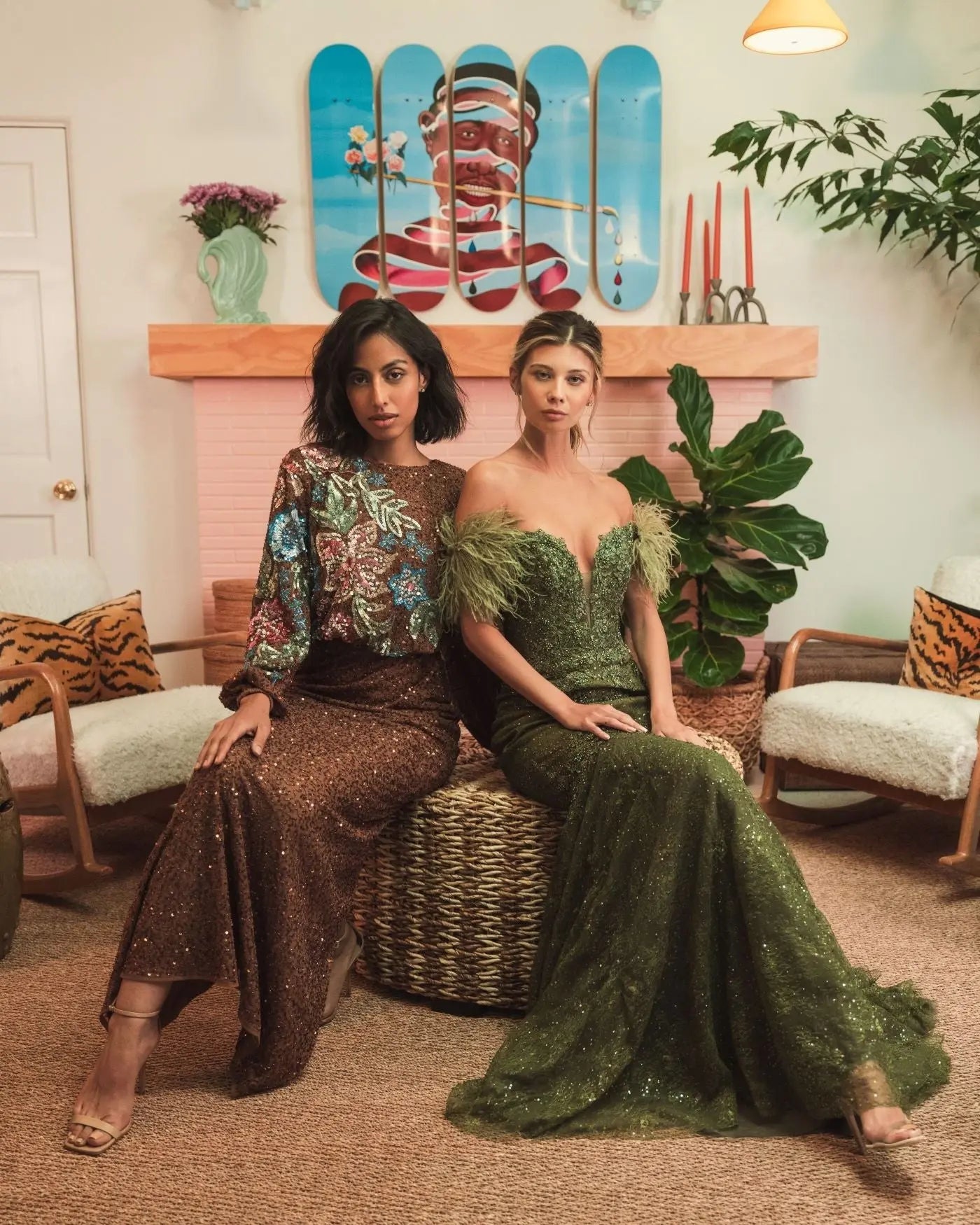 Brown High Neck Long Sleeve Sequin Gown-Myartka