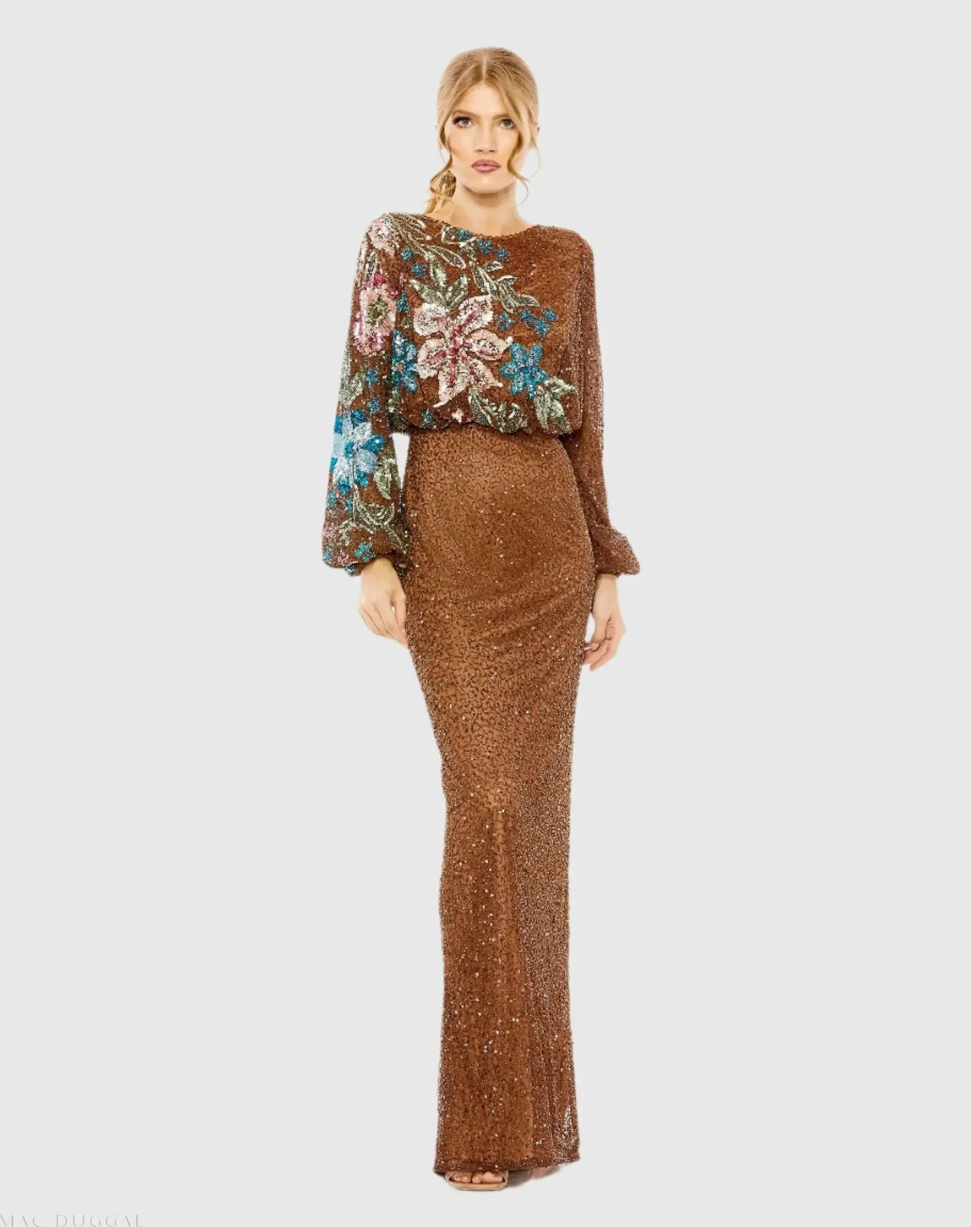 Brown High Neck Long Sleeve Sequin Gown-Myartka