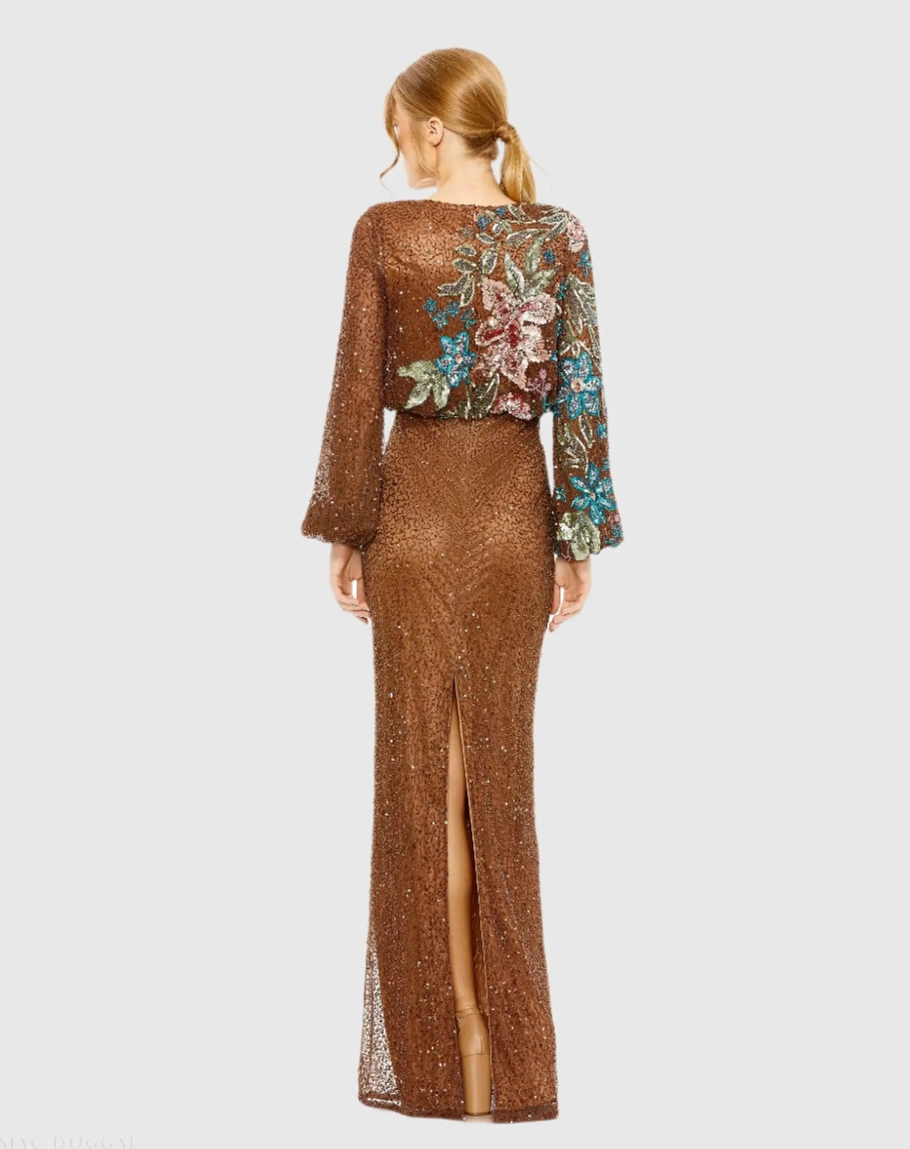 Brown High Neck Long Sleeve Sequin Gown-Myartka