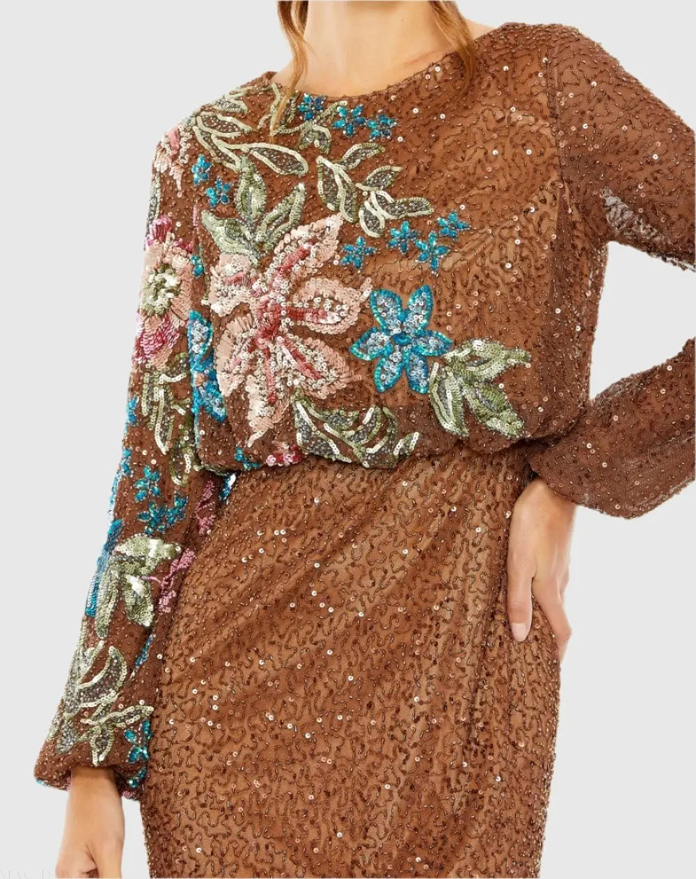 Brown High Neck Long Sleeve Sequin Gown-Myartka