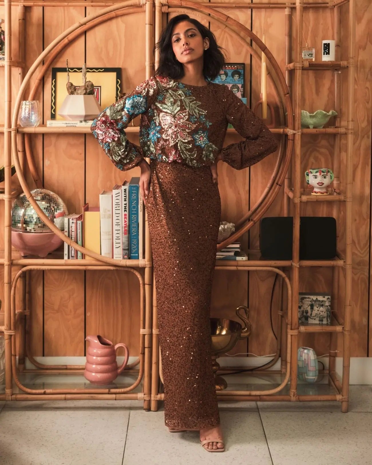 Brown High Neck Long Sleeve Sequin Gown-Myartka