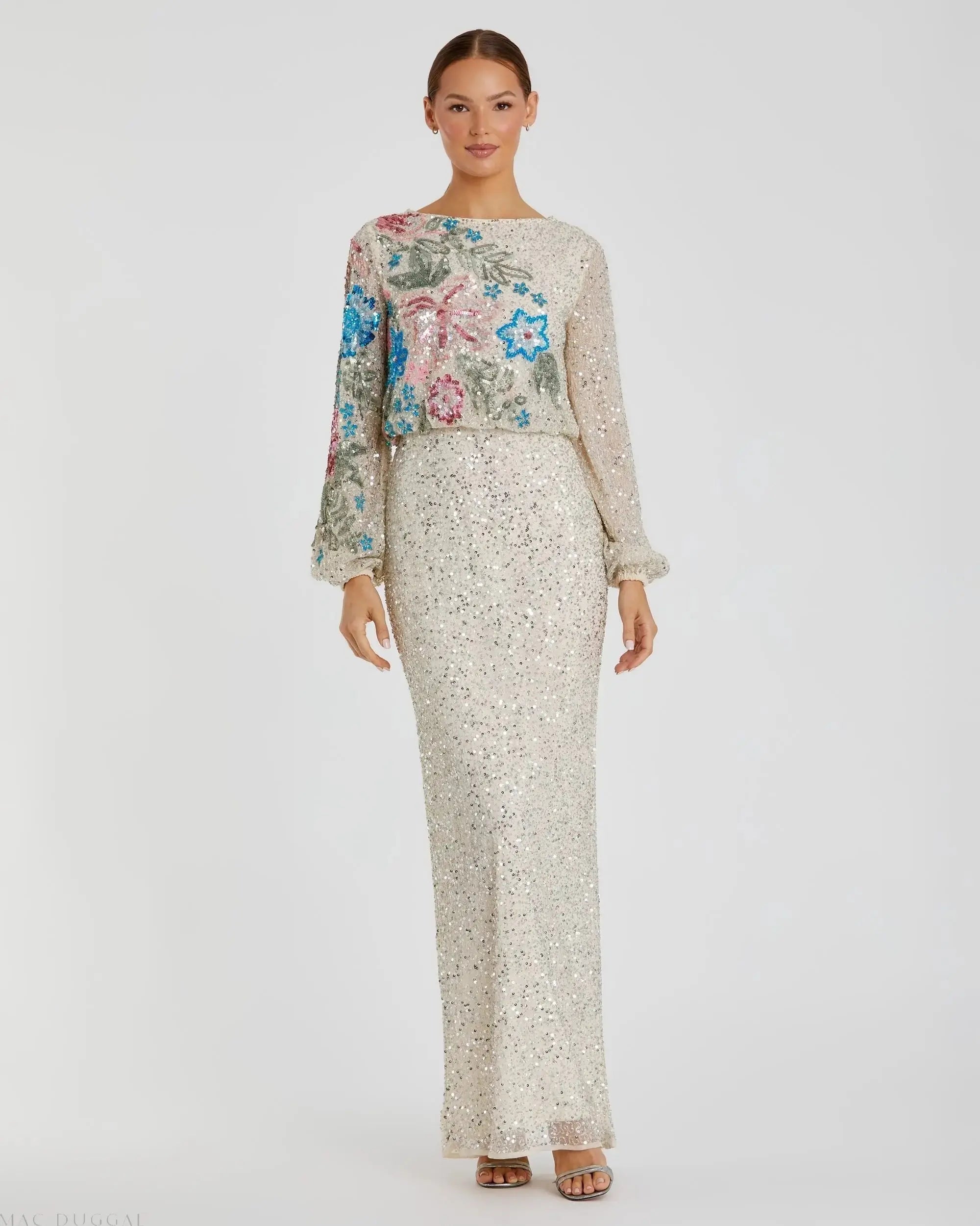Beige High Neck Long Sleeve Sequin Gown-Myartka