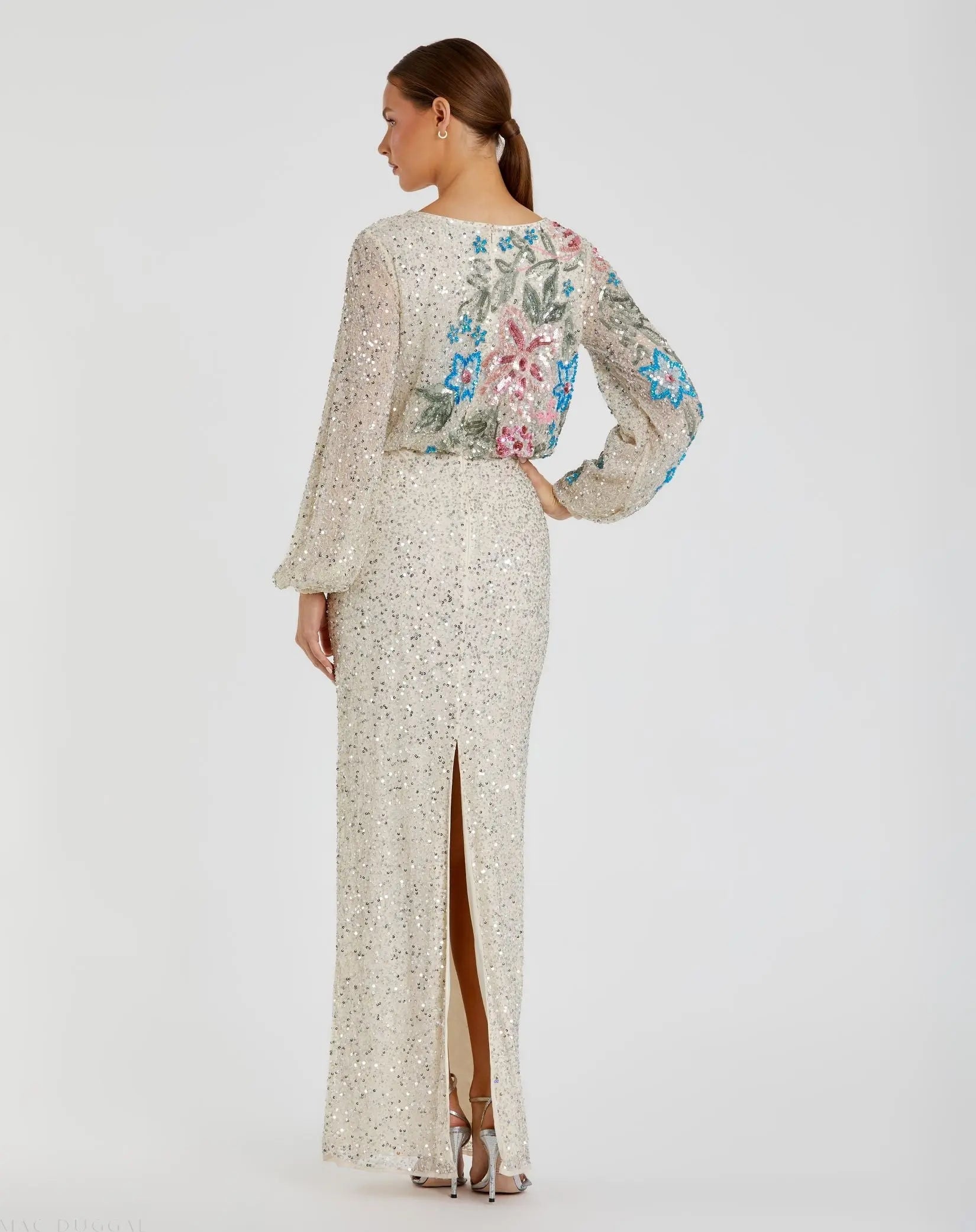 Beige High Neck Long Sleeve Sequin Gown-Myartka
