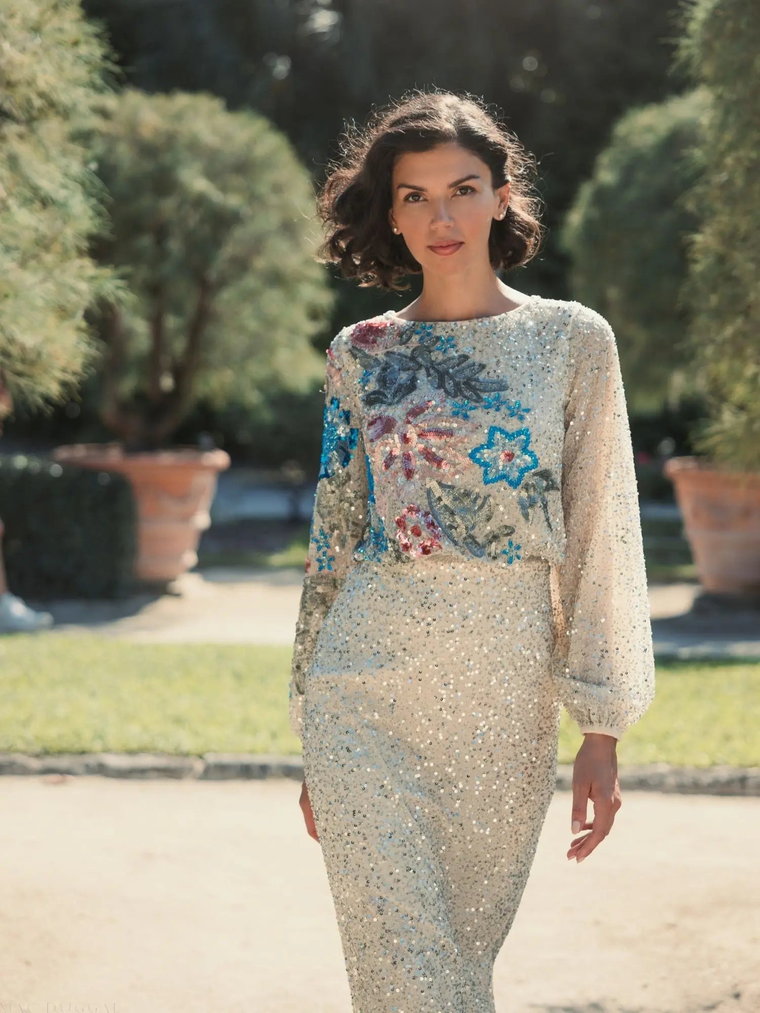 Beige High Neck Long Sleeve Sequin Gown-Myartka