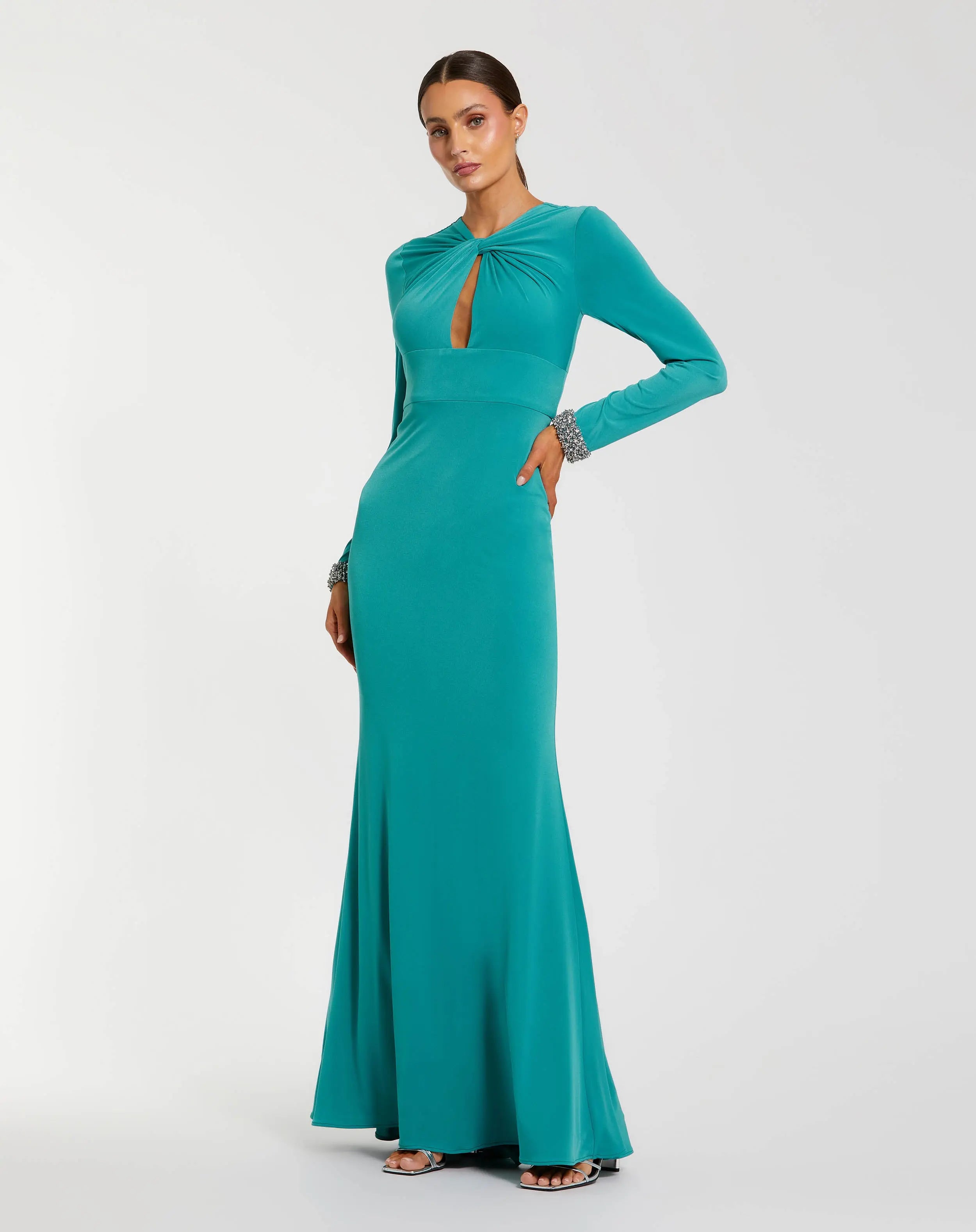 Teal Long Sleeve Twist Neck Jersey Gown With Embellished Cuffs-Myartka