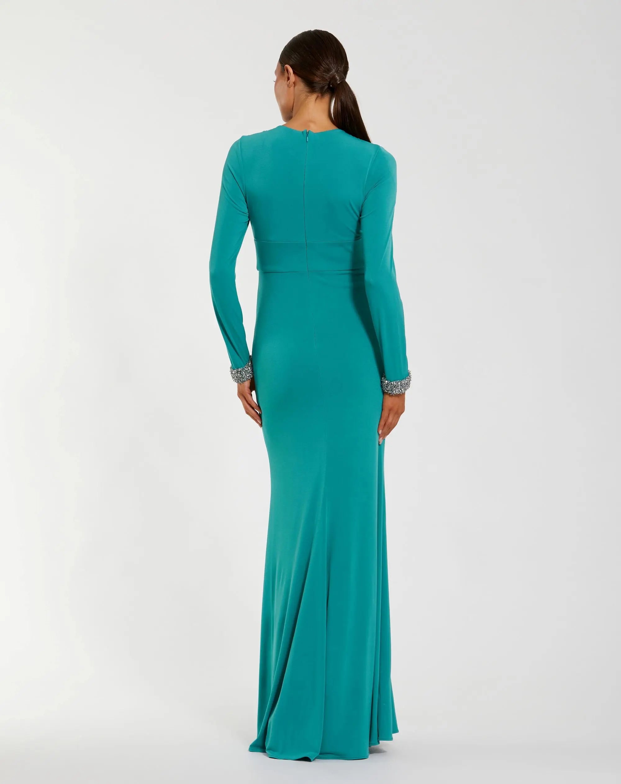 Teal Long Sleeve Twist Neck Jersey Gown With Embellished Cuffs-Myartka