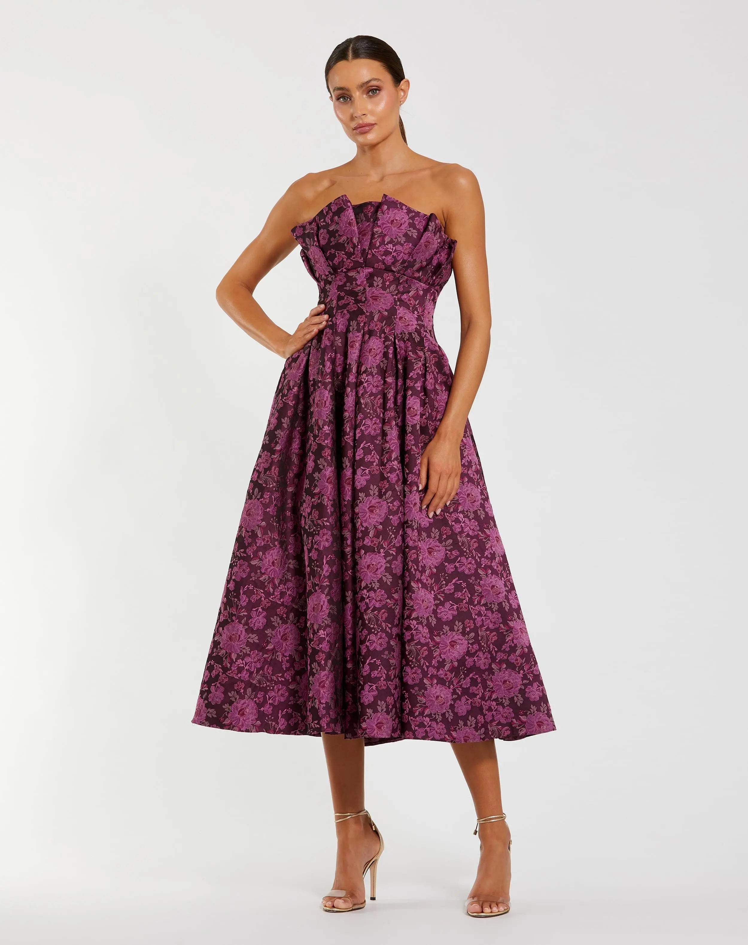 Purple Strapless Floral Brocade A-line Midi Dress-Myartka
