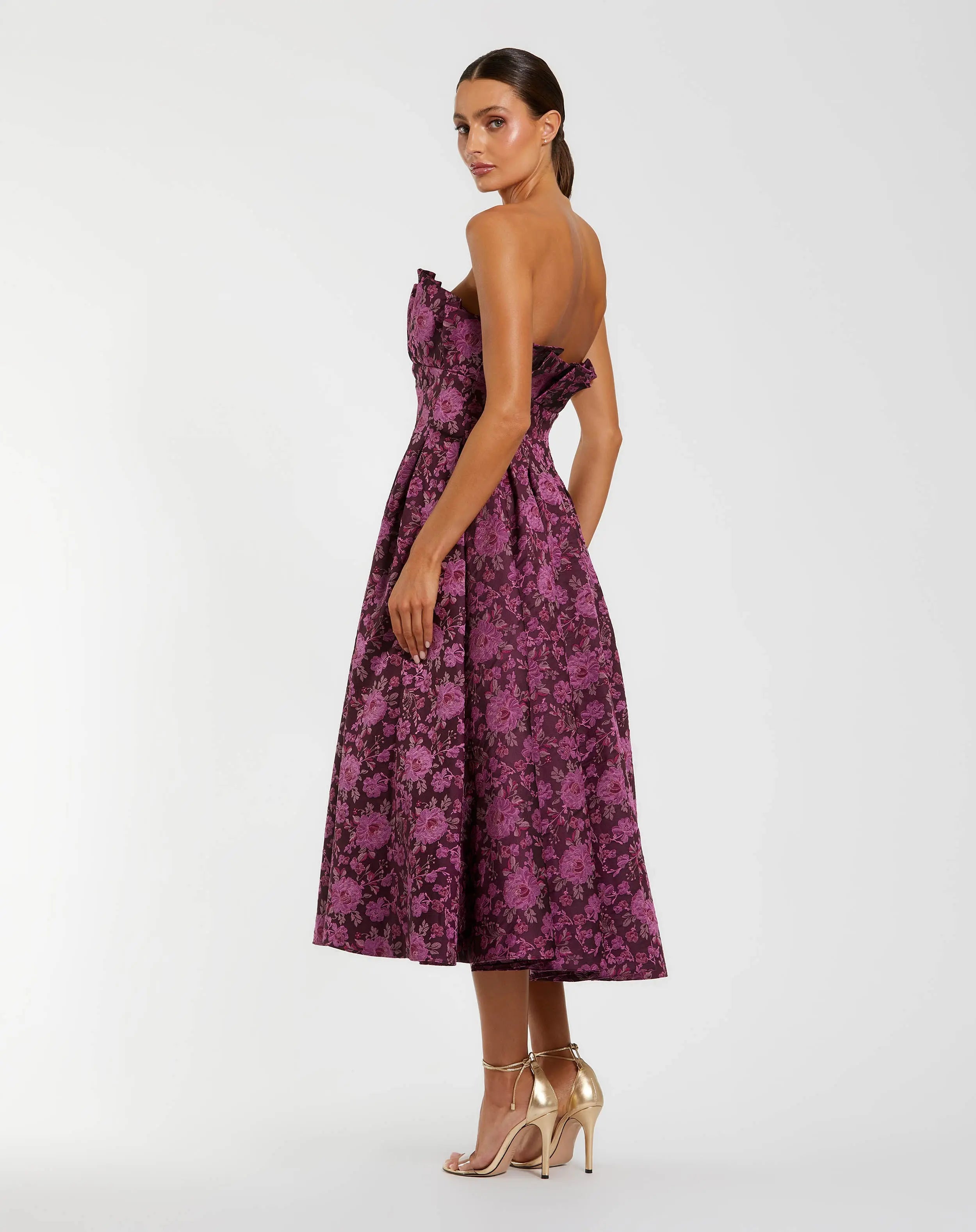 Purple Strapless Floral Brocade A-line Midi Dress-Myartka