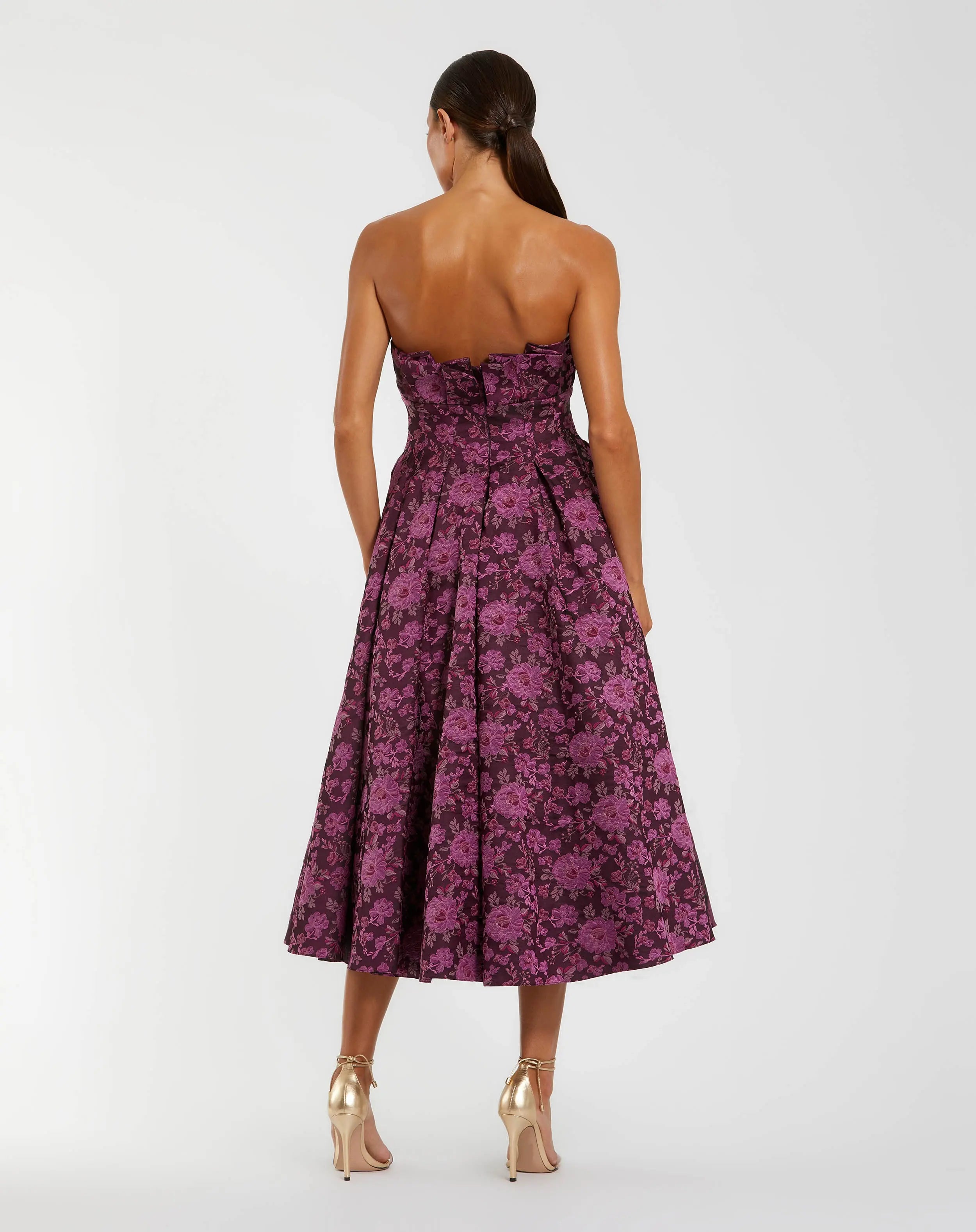 Purple Strapless Floral Brocade A-line Midi Dress-Myartka