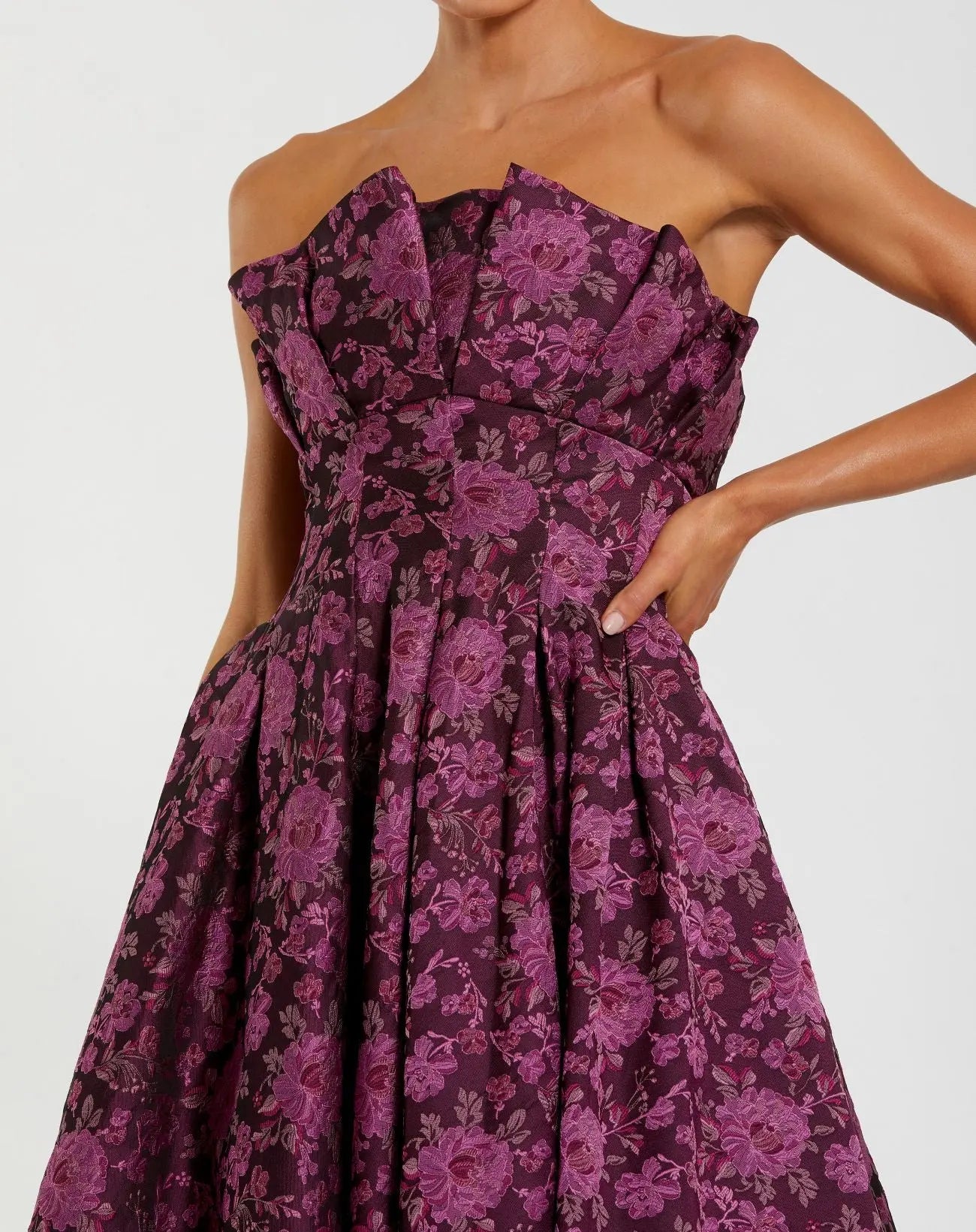 Purple Strapless Floral Brocade A-line Midi Dress-Myartka