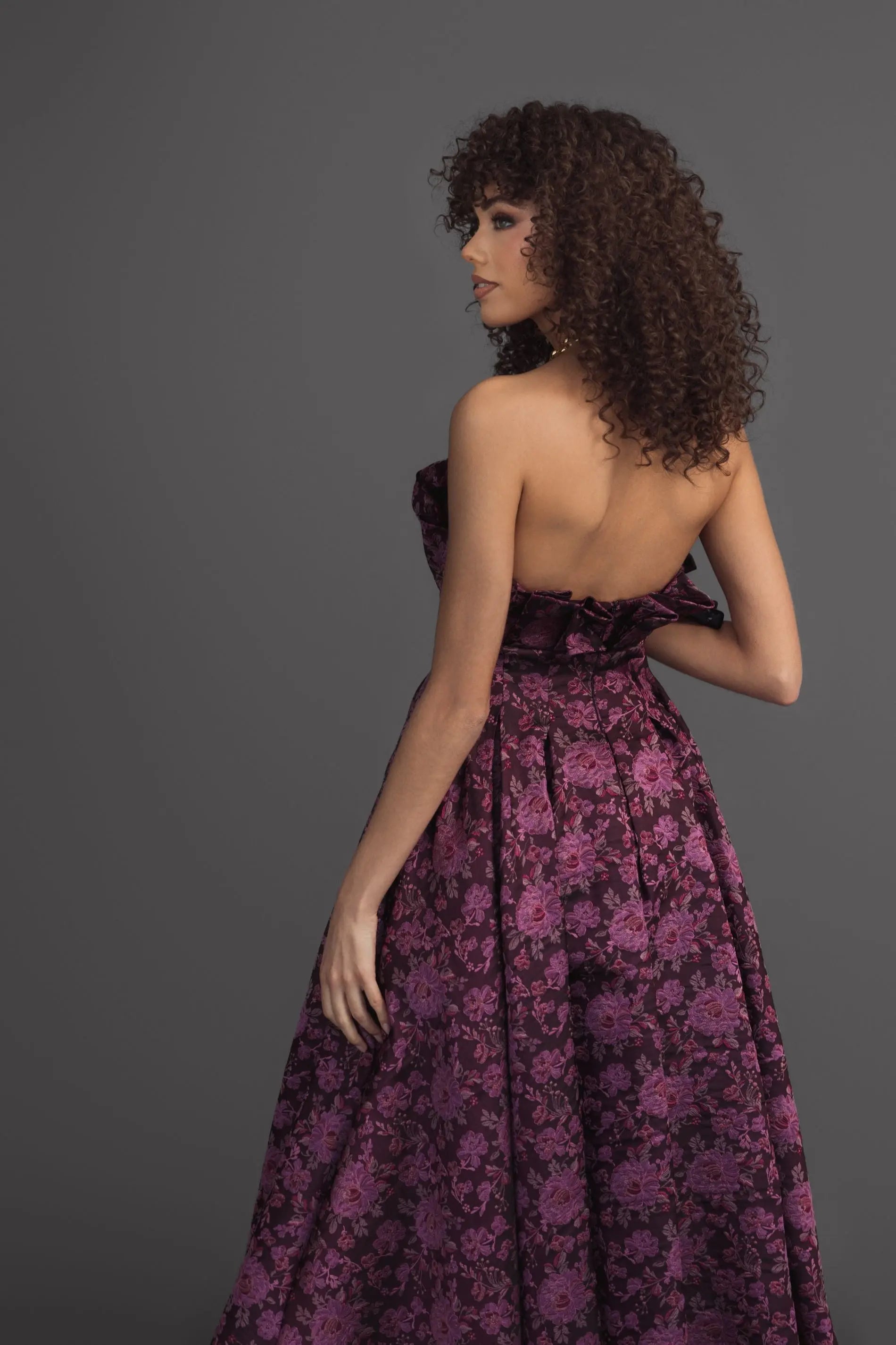 Purple Strapless Floral Brocade A-line Midi Dress-Myartka
