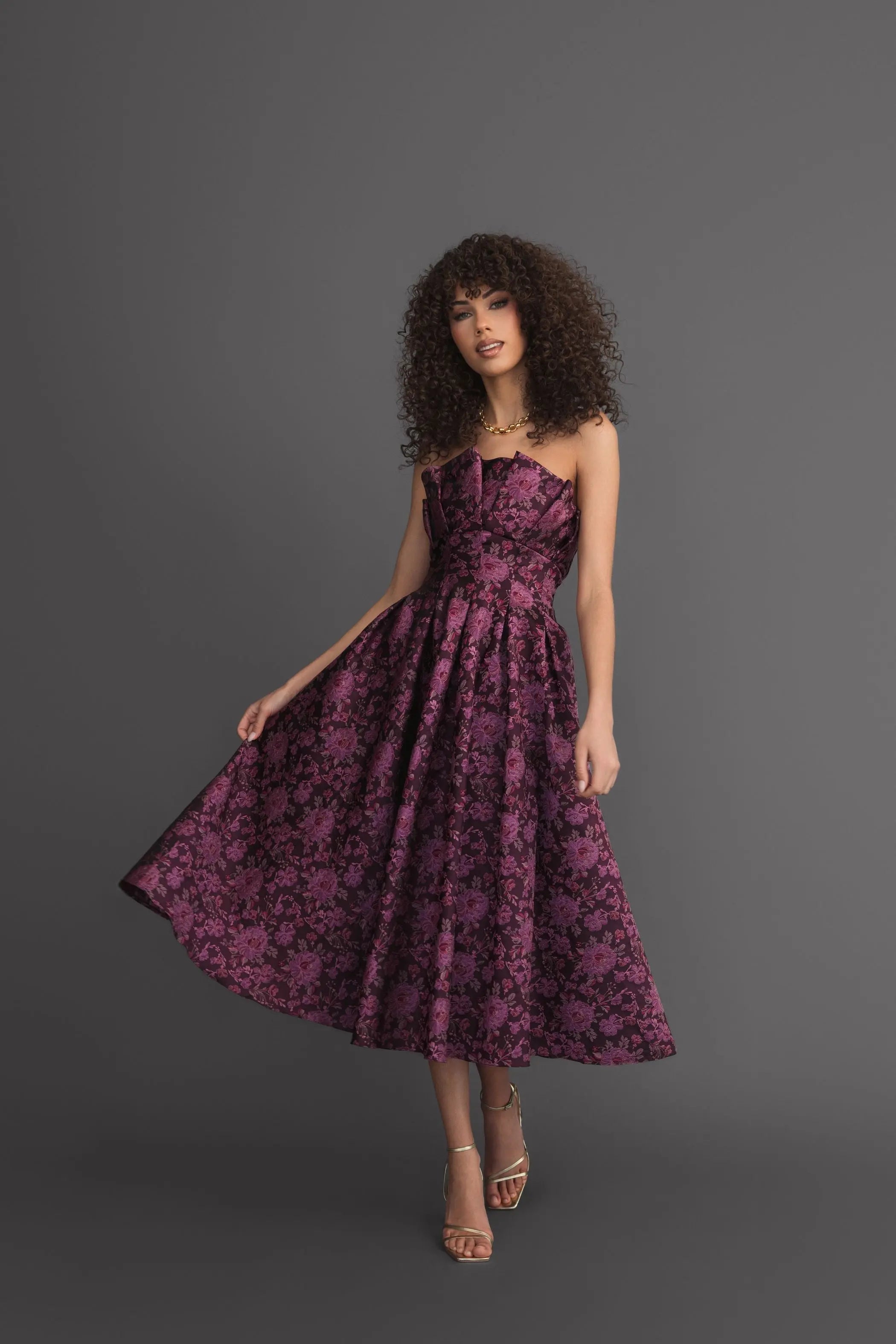 Purple Strapless Floral Brocade A-line Midi Dress-Myartka