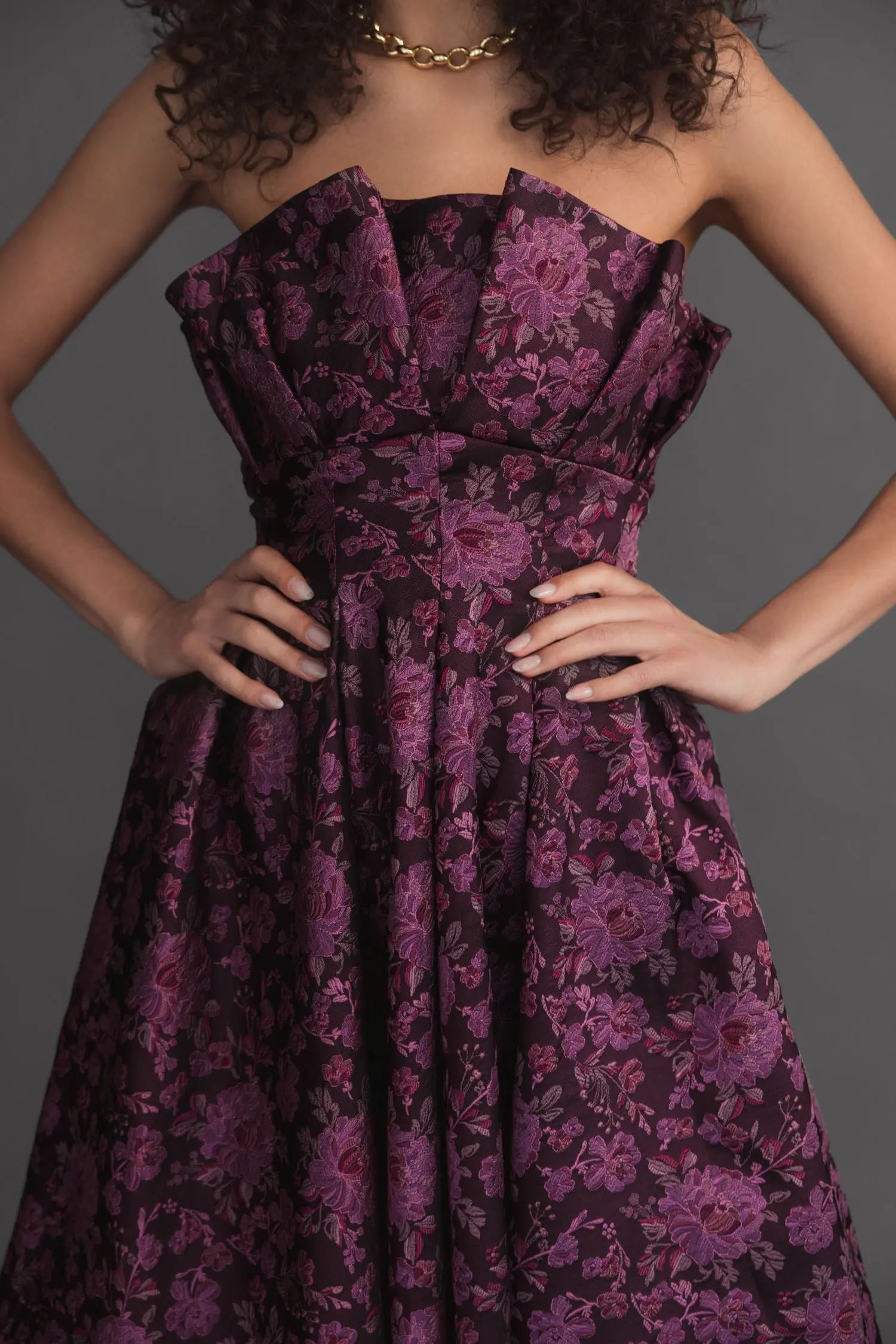 Purple Strapless Floral Brocade A-line Midi Dress-Myartka