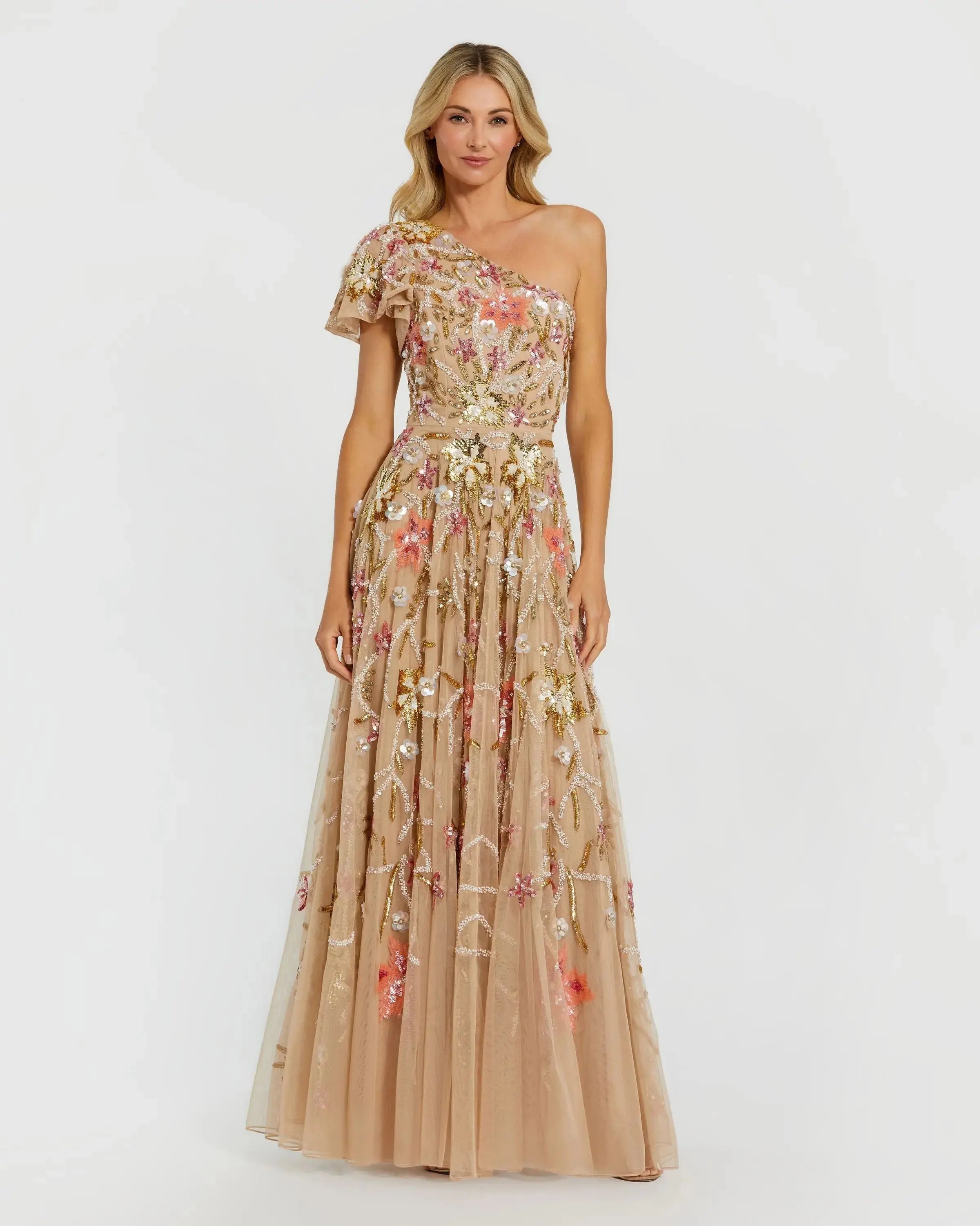 One Shoulder Embellished A-Line Gown-Myartka
