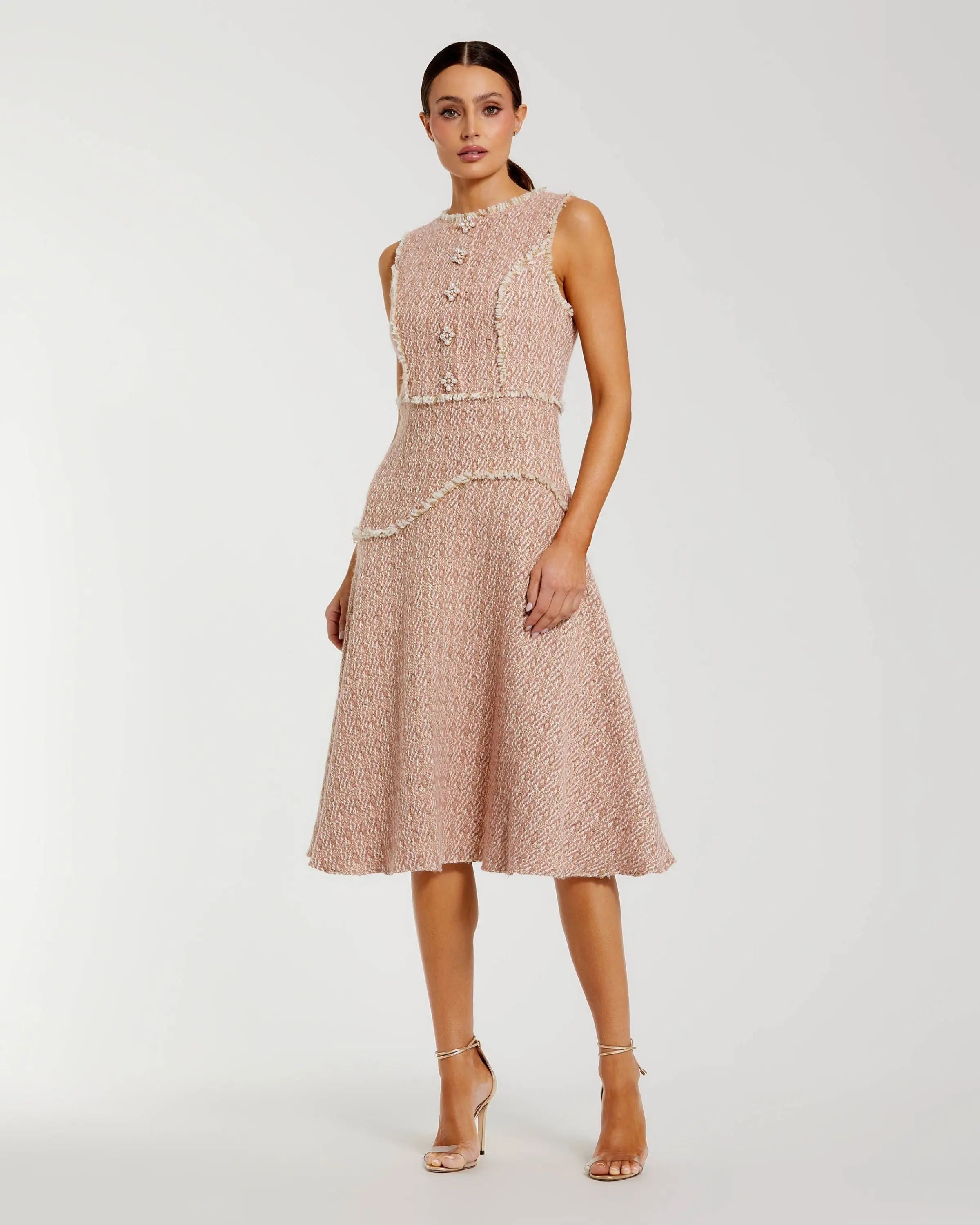 Light Pink Boucle Sleeveless Button Up Midi Dress-Myartka
