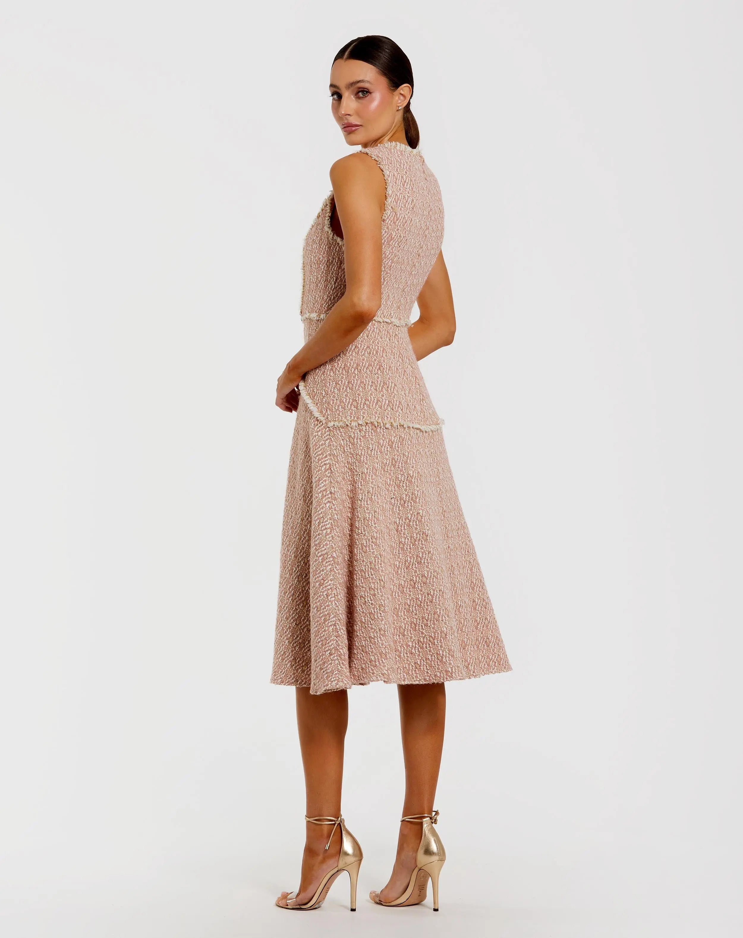 Light Pink Boucle Sleeveless Button Up Midi Dress-Myartka