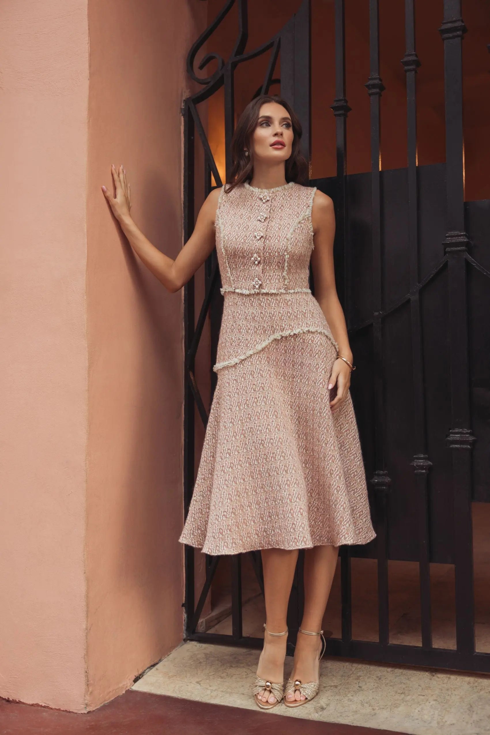 Light Pink Boucle Sleeveless Button Up Midi Dress-Myartka