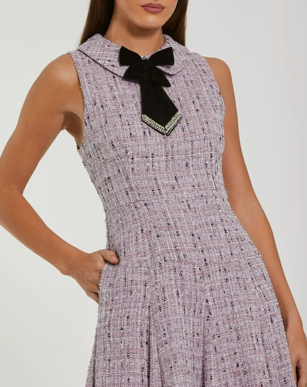 Purple Sleeveless Boucle A-Line Midi Dress With Bow-Myartka